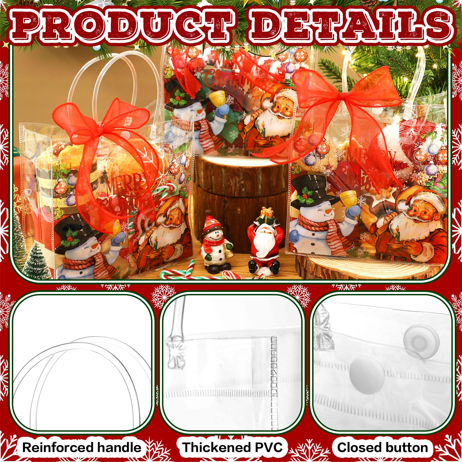 Motipuns 24 Pcs Christmas Clear PVC Gift Bags with Handles and Ribbon African American Black Santa Claus Party Favor Reusable Plastic Candy Treat Tote Bags for Merry New year Xmas Birthday Supplies