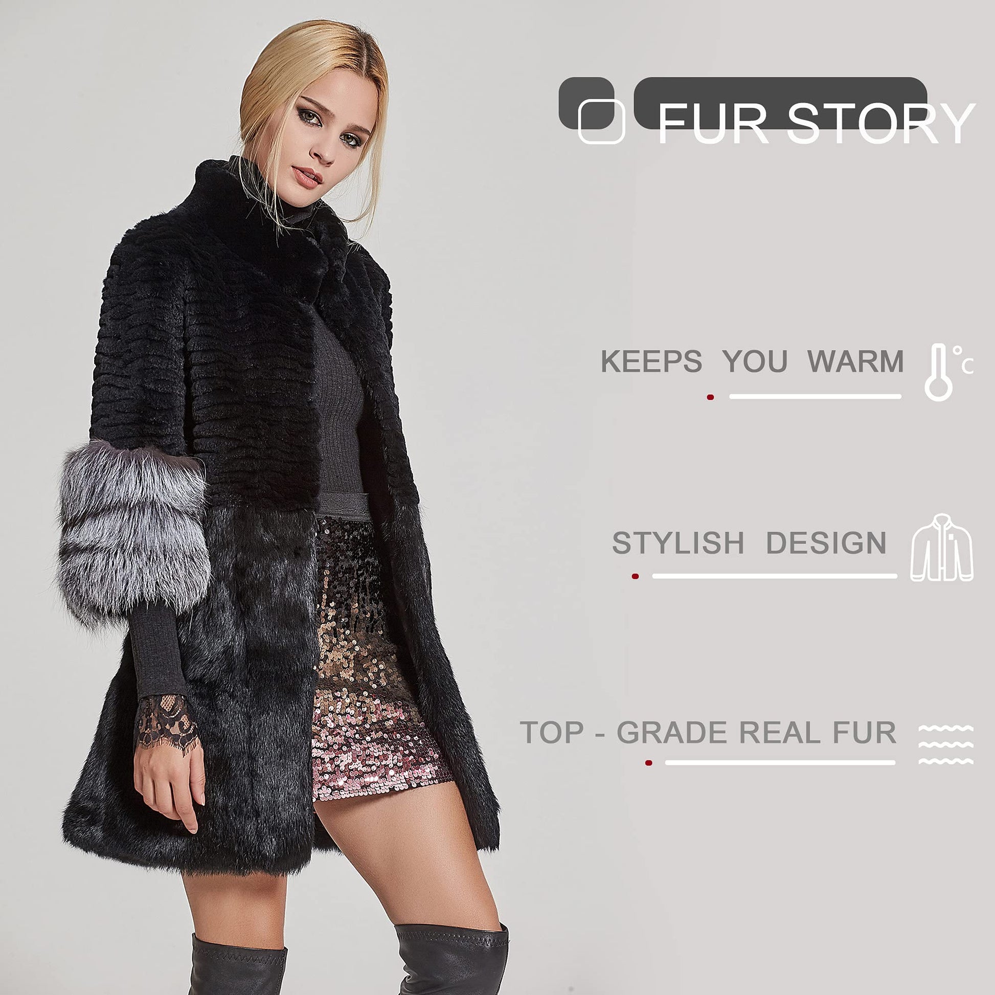 Fur Story Women's Genuine Rabbit Fur Coat With Fox Fur Cuffs Warm Winter Coat Black Long Jacket