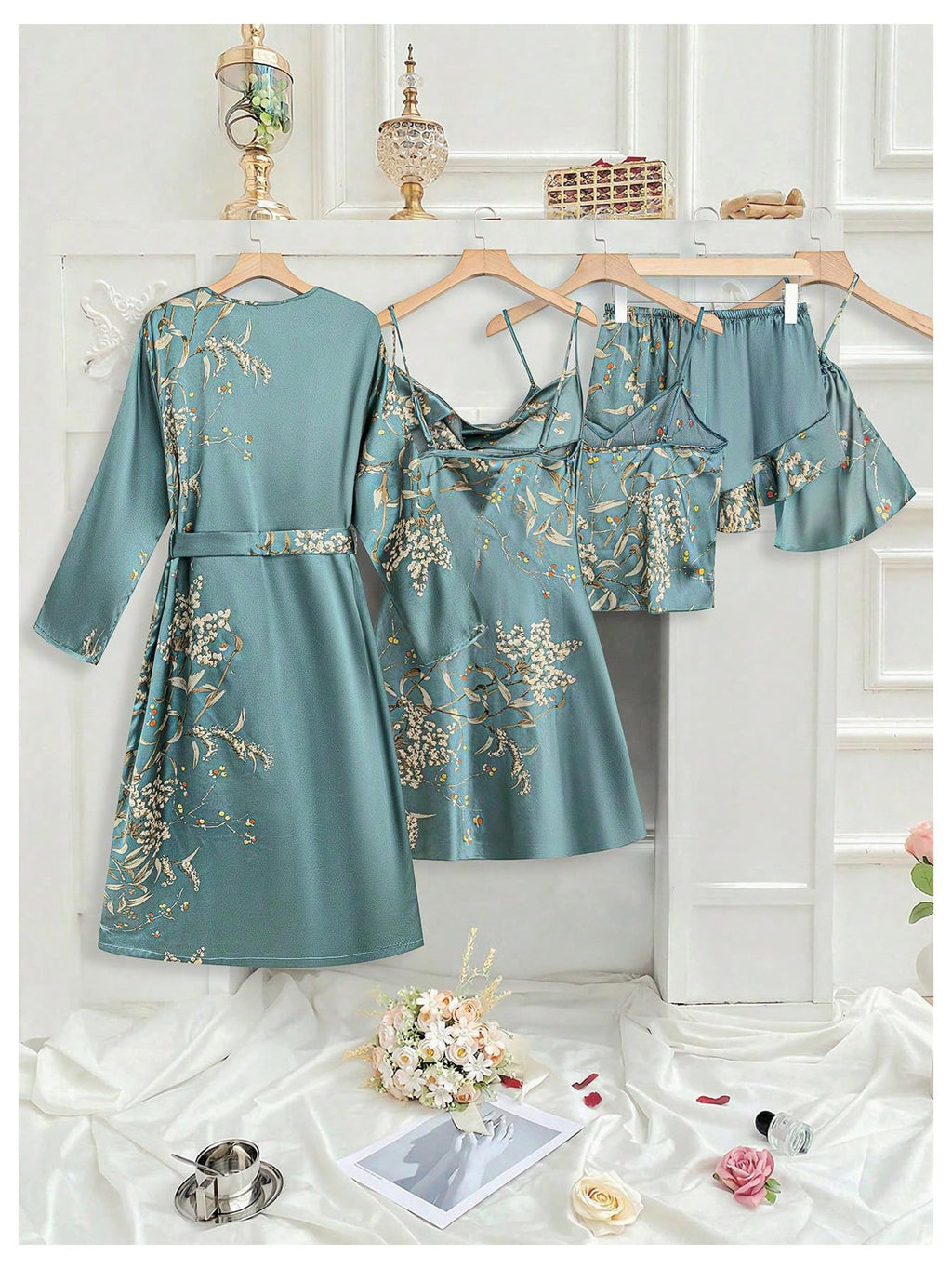 GORGLITTER Women's 5 Piece Floral Print Satin Pajama Set Nightgown Robe Cami Shorts Sleepwear with Storage Bag