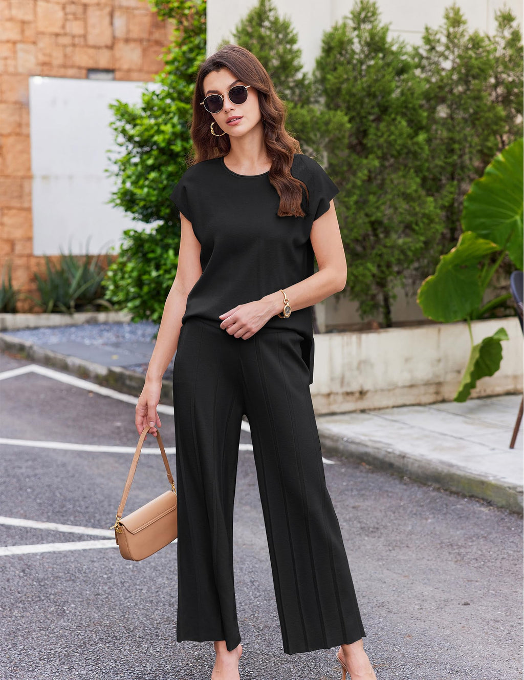 Ekouaer Lounge Sets for Women Two Piece Outfits Knit Cap Sleeve Tops Wide Leg Pleated Pants Casual Dressy Sweater Sets