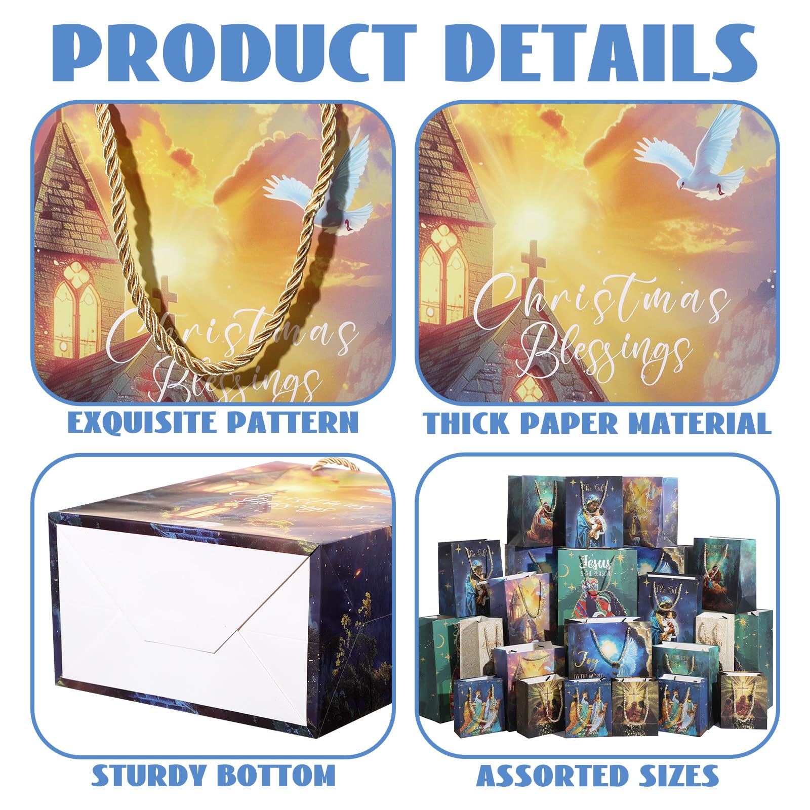 Kolldenn 24 Pack African American Religious Christmas Gift Bags Assorted Size Black Jesus Nativity Scene Paper Goodie Treat Wrapping Bags with Handle for Xmas Holiday Party Favors