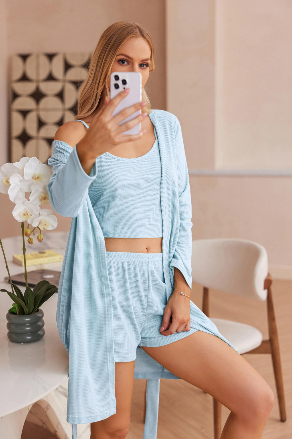 Ekouaer Womens 3 Piece Waffle Knit Lounge Set Soft Pajama Sets Tank Top and Shorts Cardigan with Pockets S-XXL