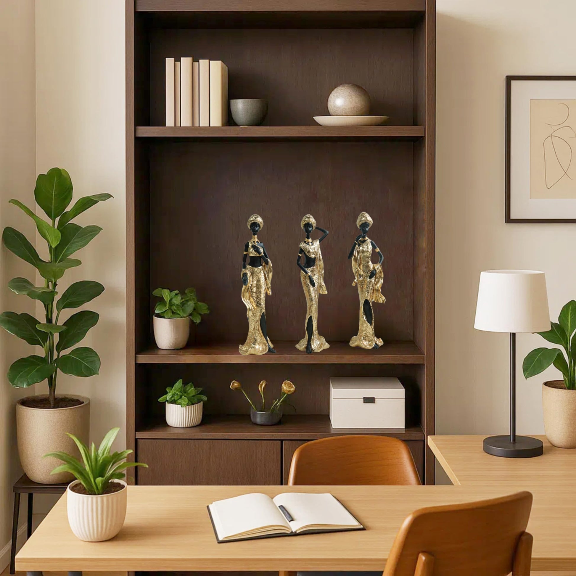 Set of 3 Resin African Woman Statues – Elegant Tribal Figurines in Gold Dresses, Afrocentric Home Decor Sculptures for Living Room, Bookshelf, Gift