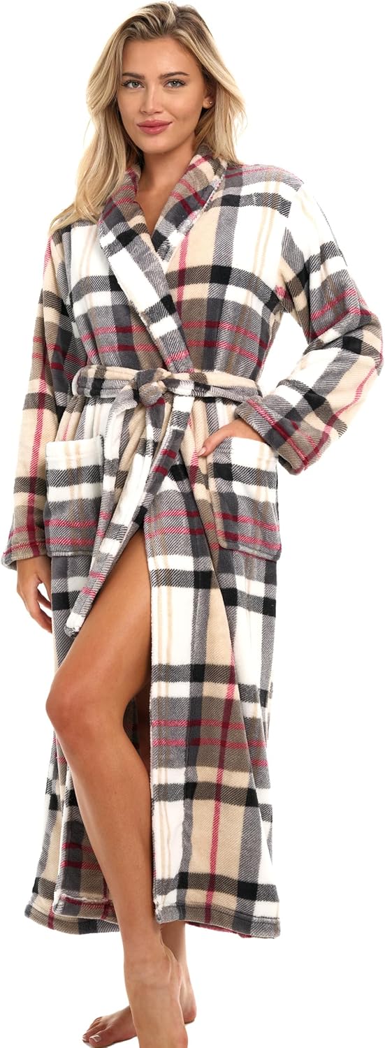 Alexander Del Rossa Plush Striped Robe for Women, Long Fleece Plaid Winter Bath Robe, Plus Size