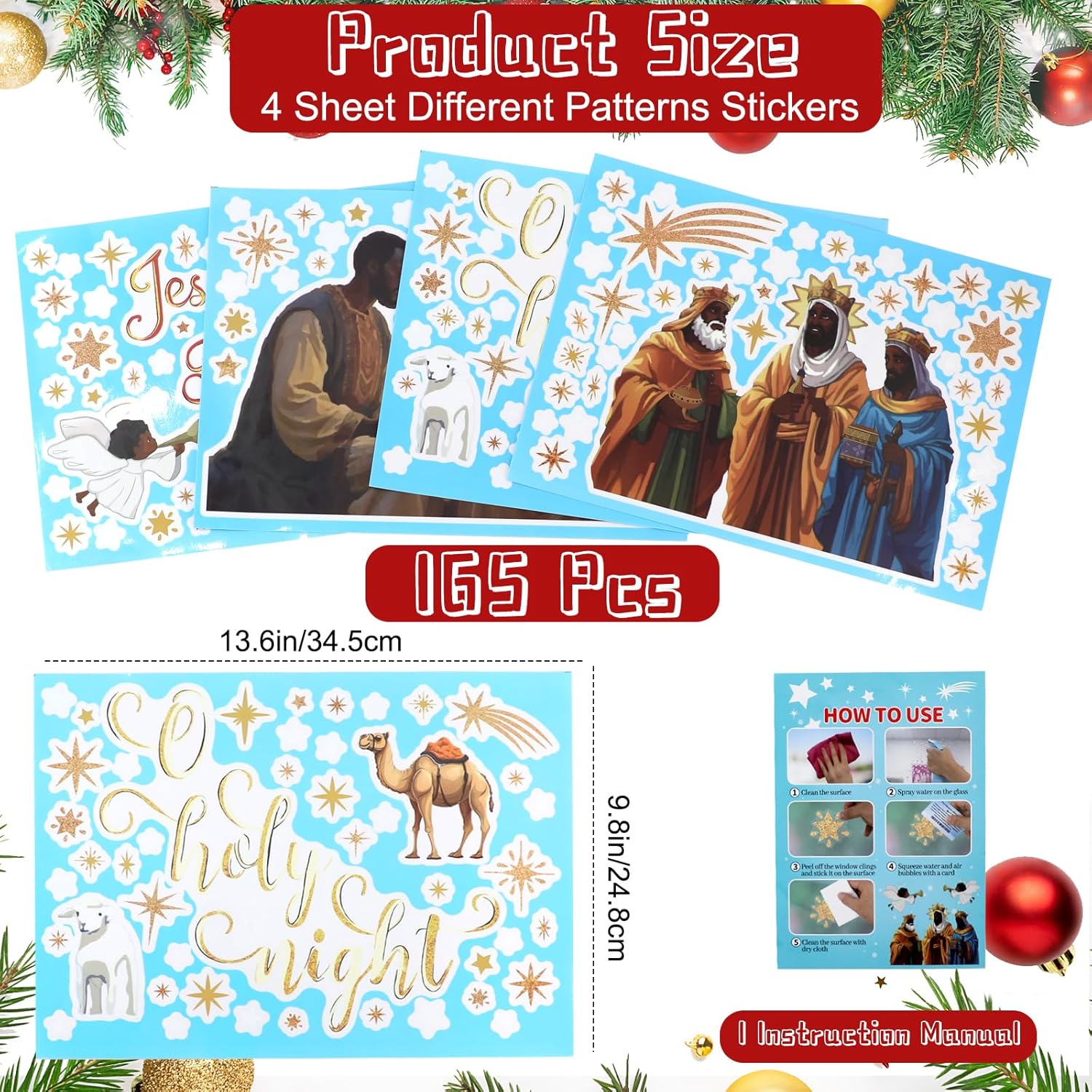 4 Sheets Christmas Window Clings, Double-Sided African American Nativity Scene Window Sticker, Jesus is The Reason for The Season Decals, for Xmas Holiday Home Office Glass Door Window Decorations