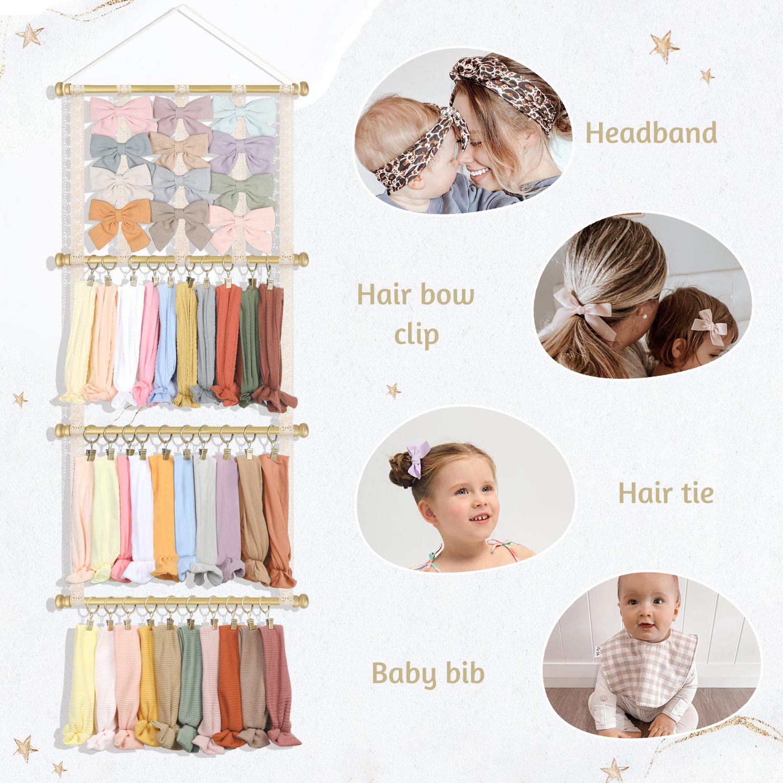 POVETIRE Headband Holder Hair Bows Organizer for Girls, Baby Headbands Hair Accessories Organizer Storage Wall Hanging Decor for Toddler Girls Room