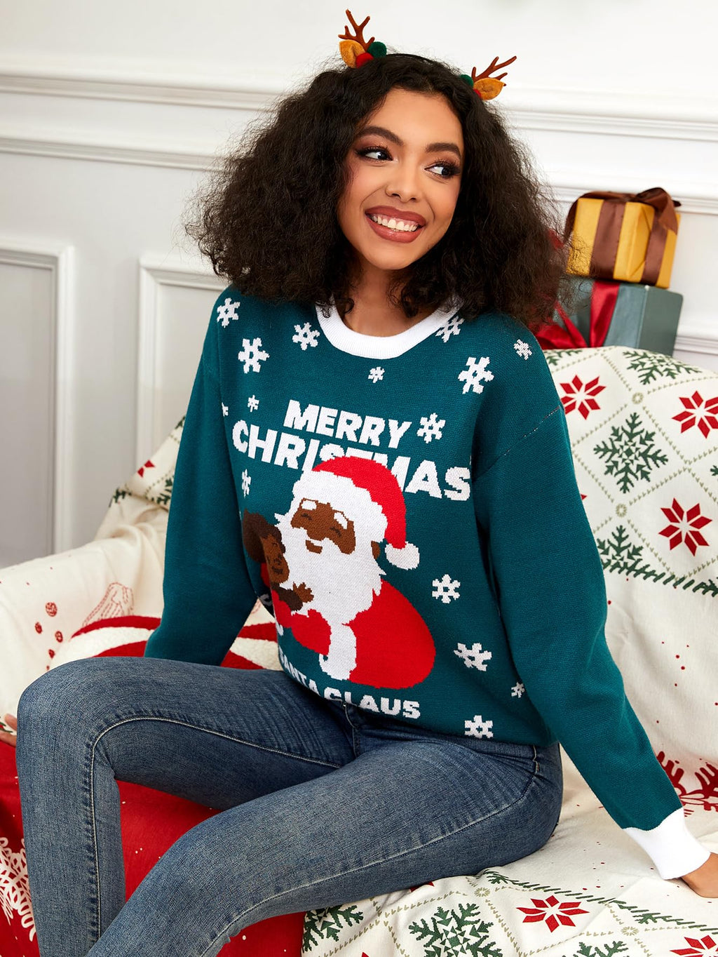 Yimoon Black Santa Christmas Sweater for Women African American Festive Holiday Kwanzaa Ugly Xmas Sweater for Adult
