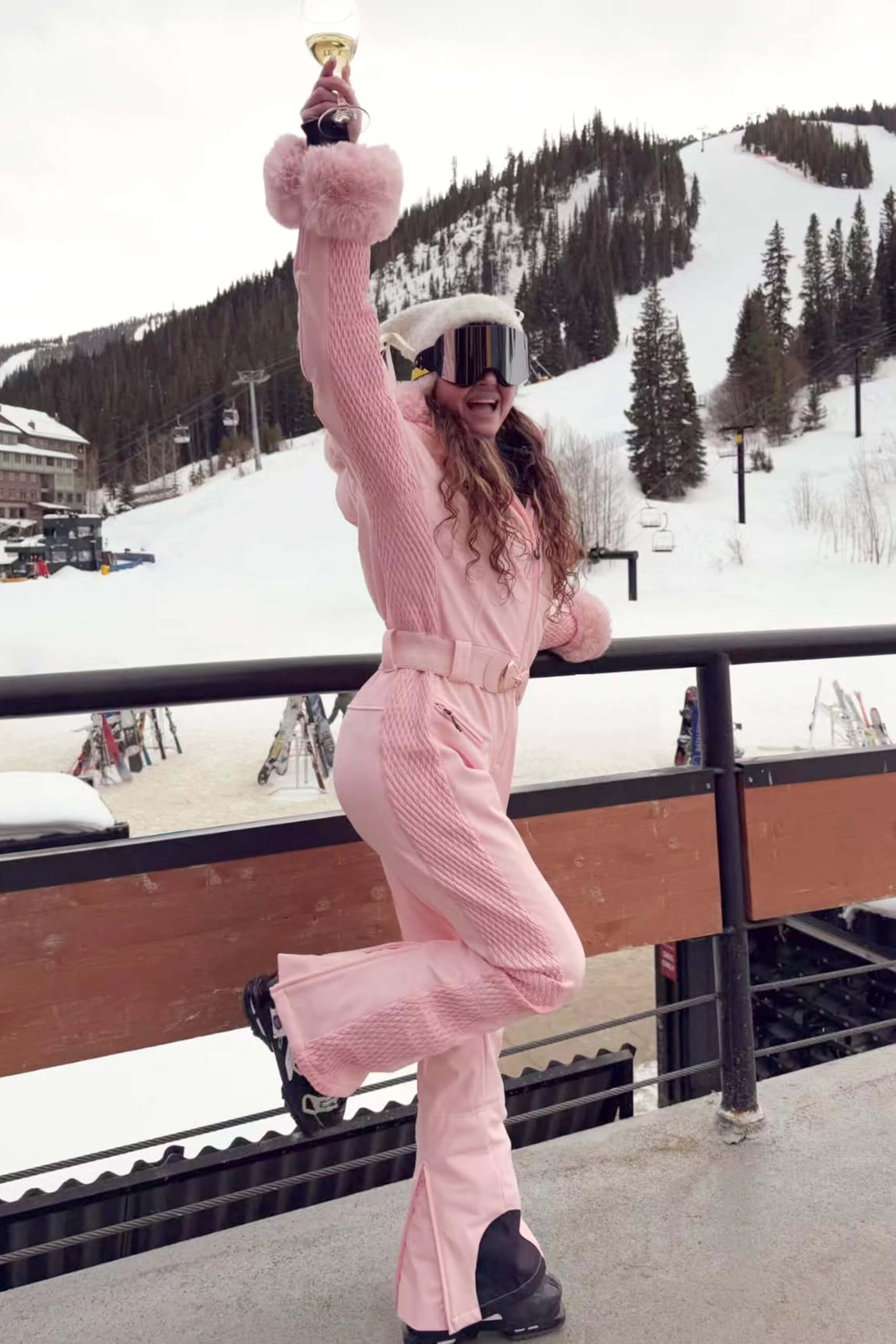 GSOU SNOW Ski Suit Womens One Piece Snowsuit Snowboard Jacket Slim Snow Jumpsuit Faux Fur Ski Outfit Waterproof Windproof