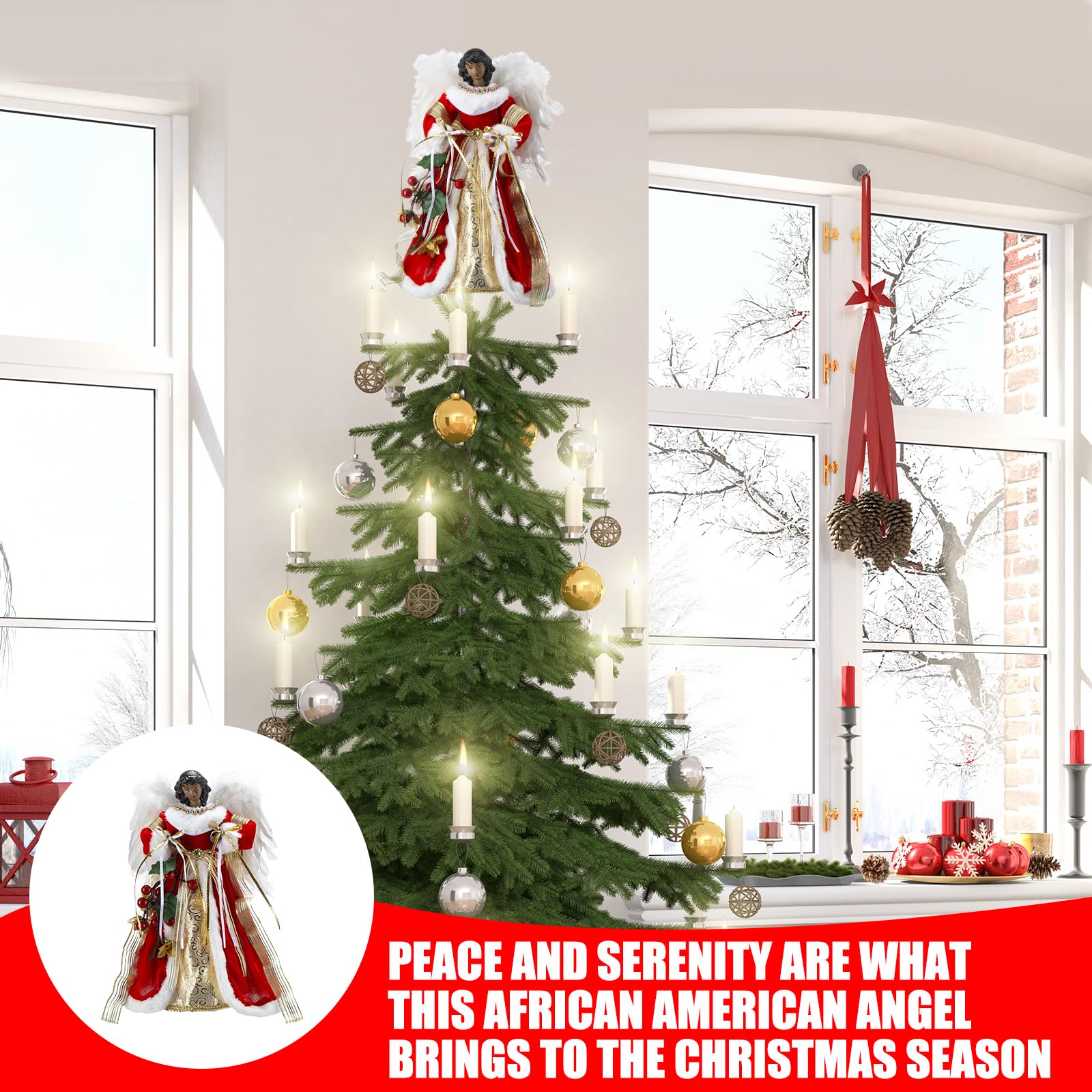 Retrowavy 12 Inch Black Angel Christmas Tree Topper Standing African American Black Angel Figurines Treetop for Decoration(Classic Style)