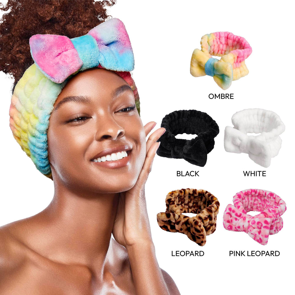 Red by Kiss Spa Headband for Washing Face Facial Makeup Bow Head Band Soft Plush Fleece Stretchy Head Wraps for Women Shower Bath Washing Face Mask (WHITE)