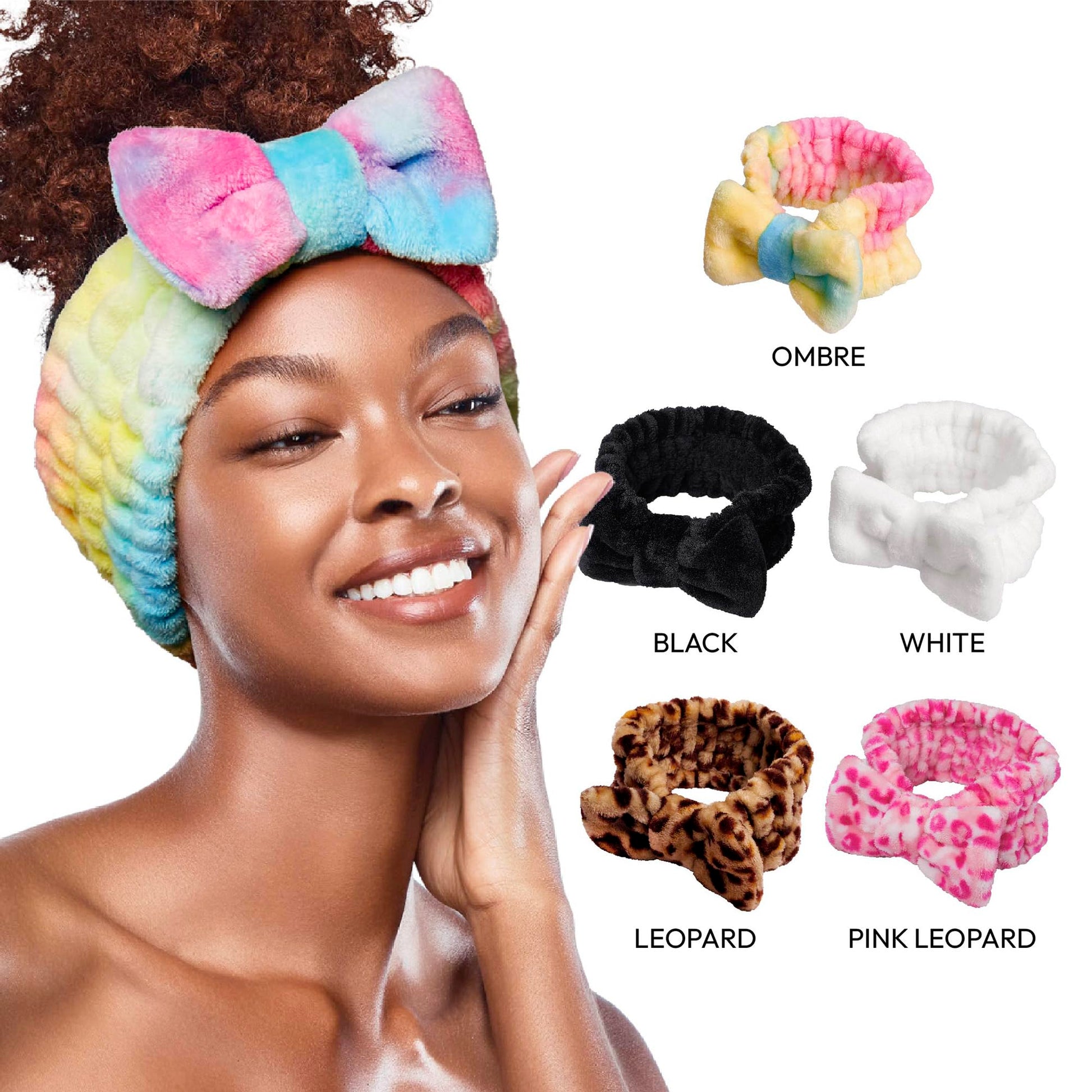 Red by Kiss Spa Headband for Washing Face Facial Makeup Bow Head Band Soft Plush Fleece Stretchy Head Wraps for Women Shower Bath Washing Face Mask (WHITE)