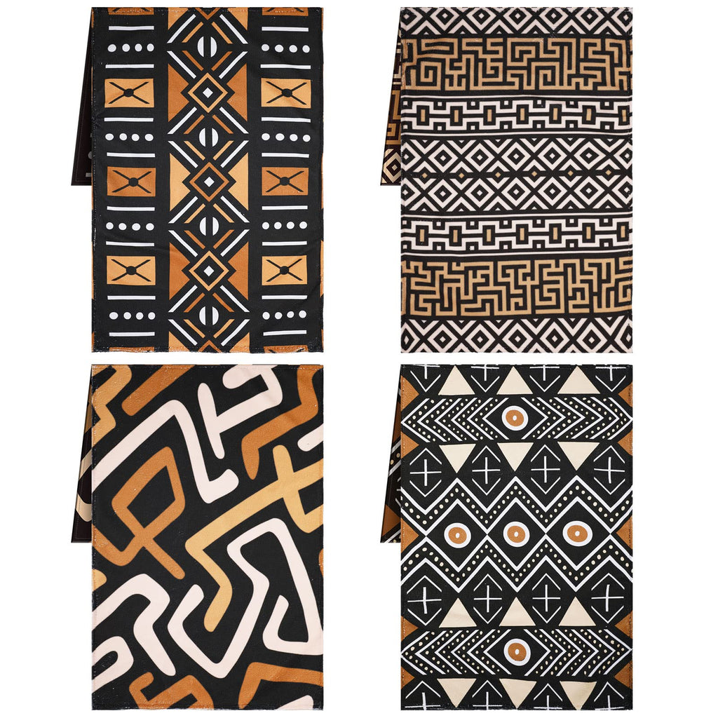 Lasnten African Kitchen Towels Set of 4 Boho Decorative Nativetea Dish Hand Towels Mudcloth Fabric Brown Ethnic Decor for Cooking Housewarming Kuba Tribal Home Decor(African Boho Style)