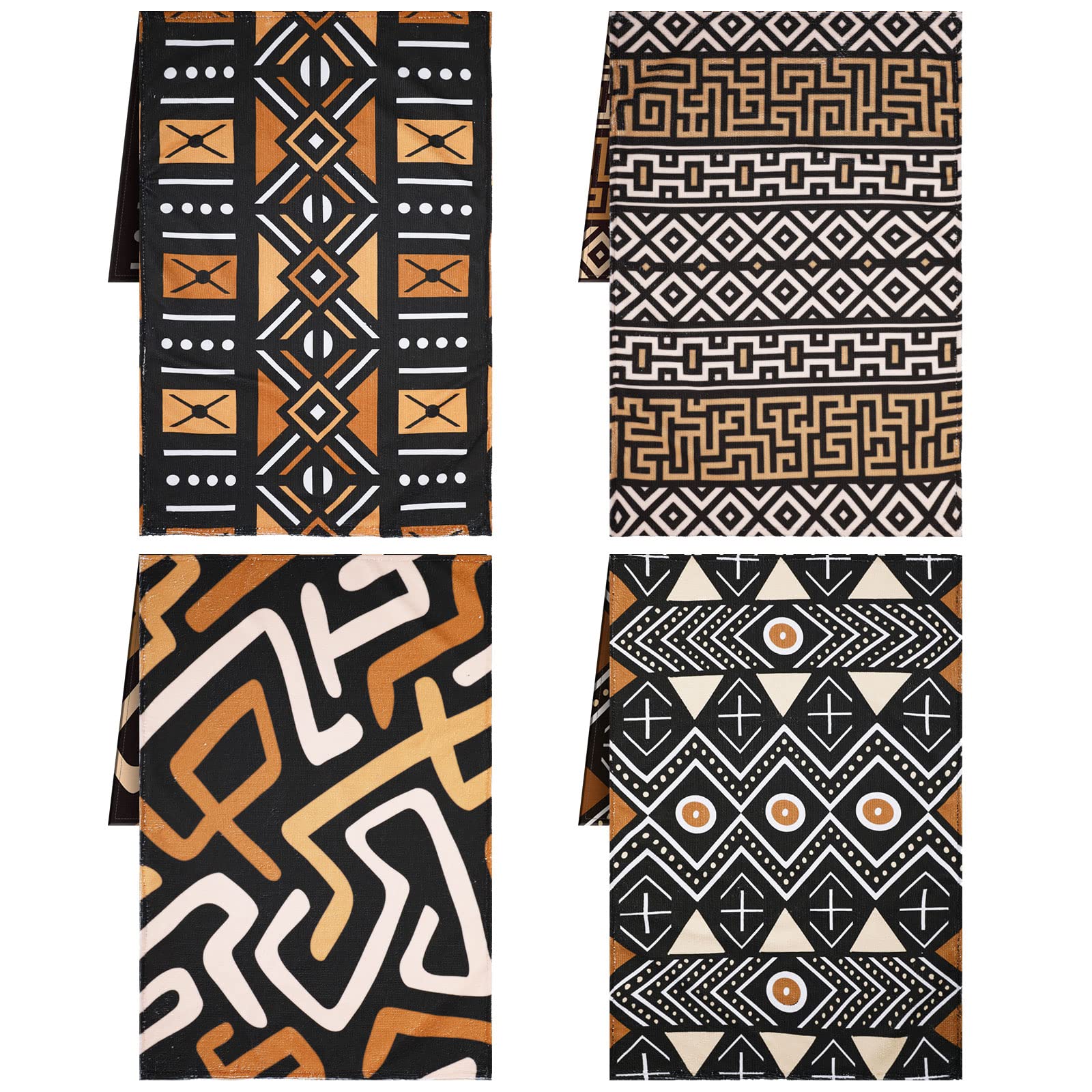 Lasnten African Kitchen Towels Set of 4 Boho Decorative Nativetea Dish Hand Towels Mudcloth Fabric Brown Ethnic Decor for Cooking Housewarming Kuba Tribal Home Decor(African Boho Style)