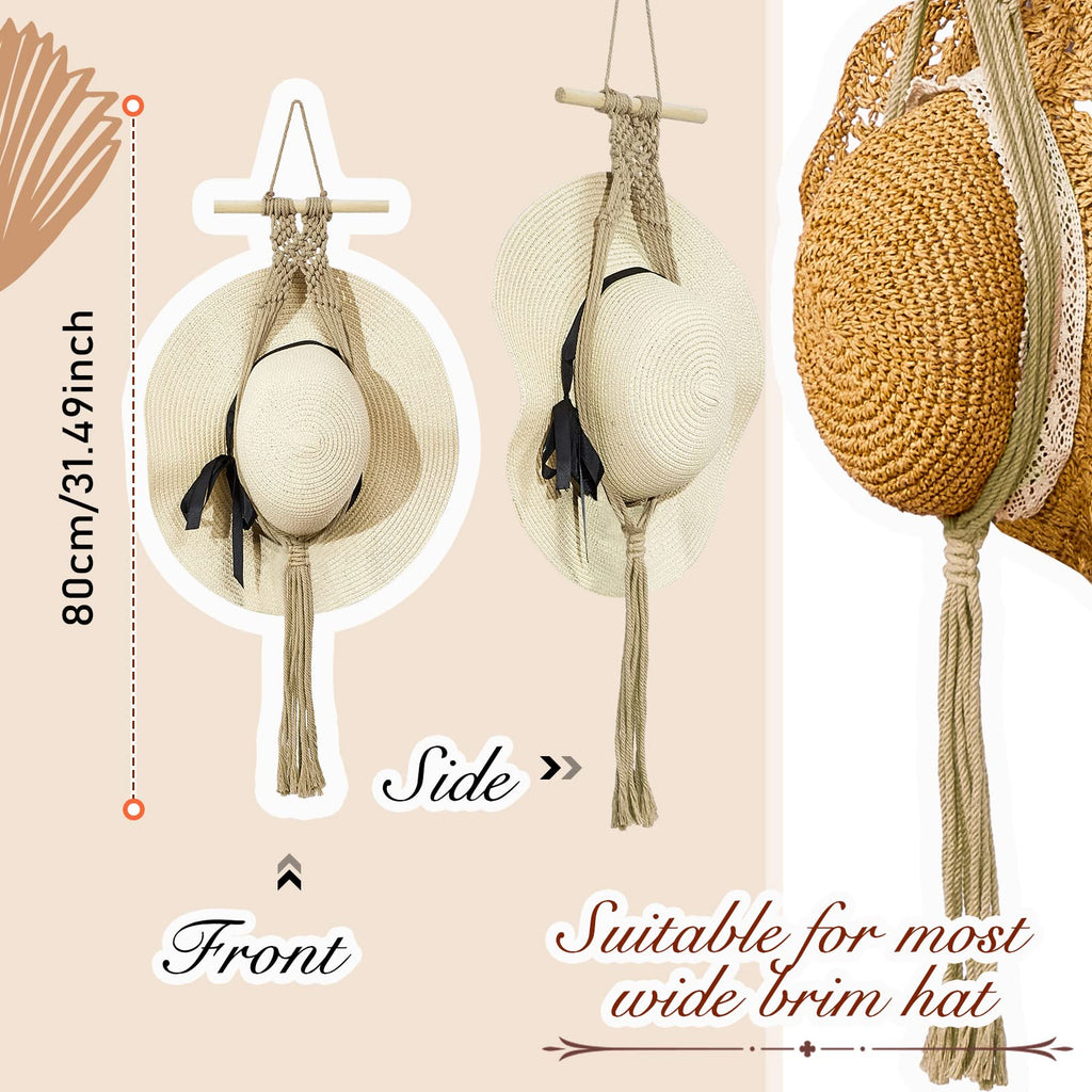 Yulejo Macrame Hat Hangers Boho Hat Rack for Wall Western Cowboy Hanging Organizer for Door Wall Room Bedroom