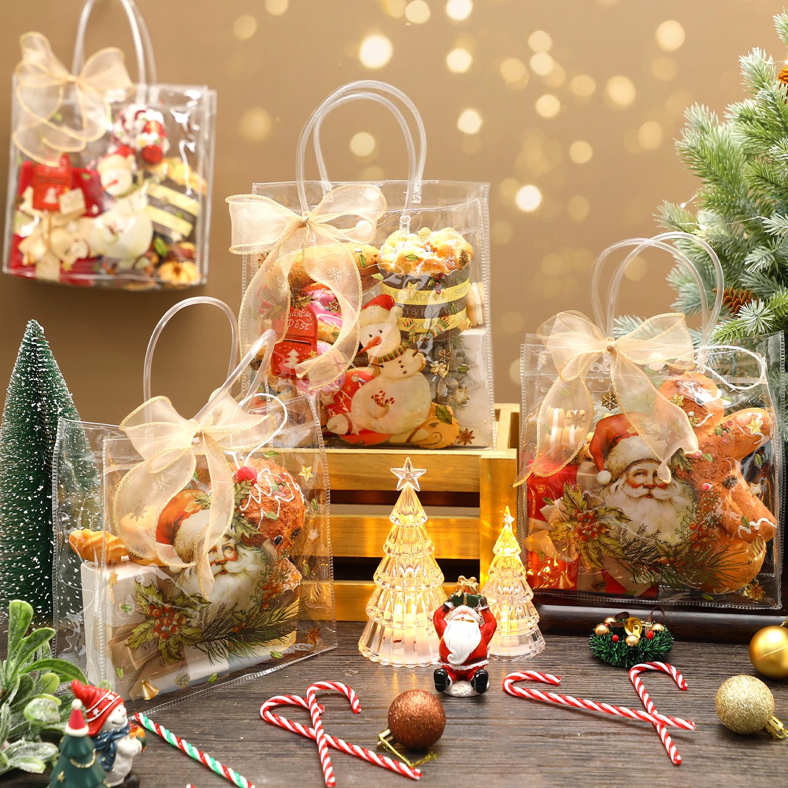 Motipuns 24 Pcs Christmas Clear PVC Gift Bags with Handles and Ribbon African American Black Santa Claus Party Favor Reusable Plastic Candy Treat Tote Bags for Merry New year Xmas Birthday Supplies