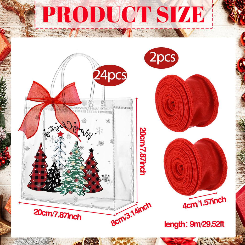 Motipuns 24 Pcs Christmas Clear PVC Gift Bags with Handles and Ribbon African American Black Santa Claus Party Favor Reusable Plastic Candy Treat Tote Bags for Merry New year Xmas Birthday Supplies