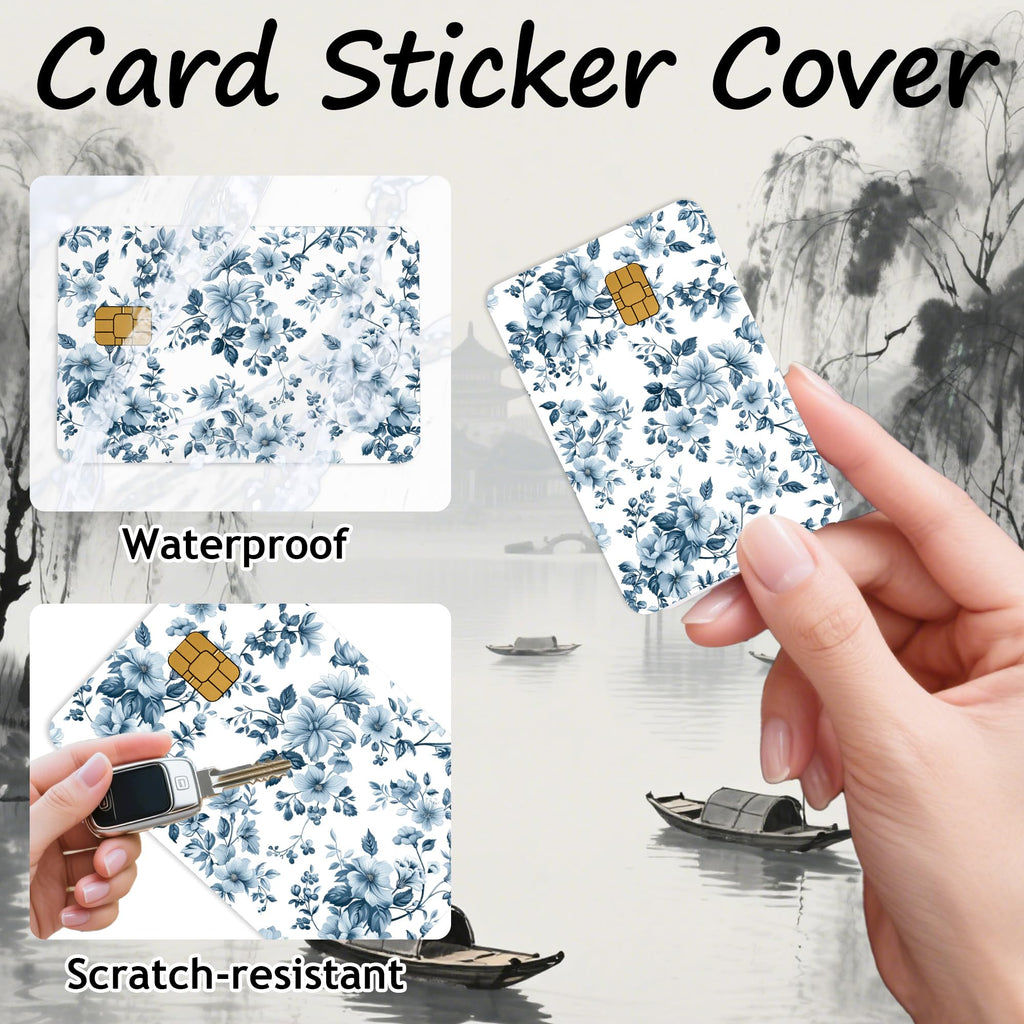 Credit Card Skin Stickers: 4PCS Scenic Mountain Debit Card Skins, Chinoiserie Landscape Cards Covers with Chip Cutout, Waterproof Removable Sticker Wraps for Bank Transportation Key Cards