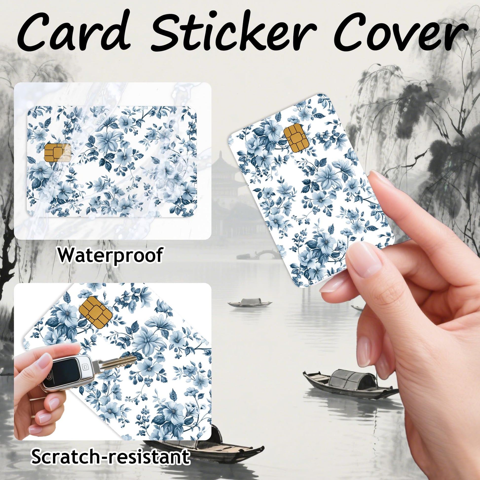 Credit Card Skin Stickers: 4PCS Scenic Mountain Debit Card Skins, Chinoiserie Landscape Cards Covers with Chip Cutout, Waterproof Removable Sticker Wraps for Bank Transportation Key Cards
