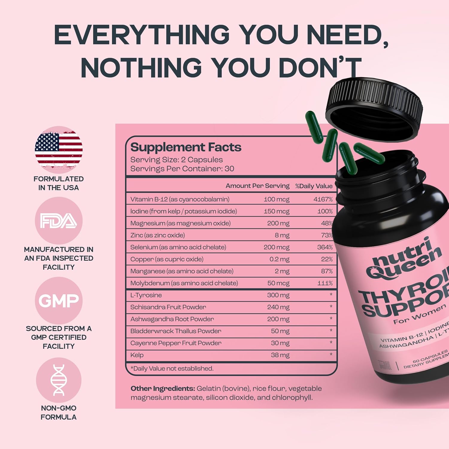Thyroid Support for Women, Female Vitamin Supplement with Ashwagandha, Zinc, Kelp & Iodine, Women's Health Supplements for Energy & Hormone Balance, Contains Vitamins B-12-60 Capsules