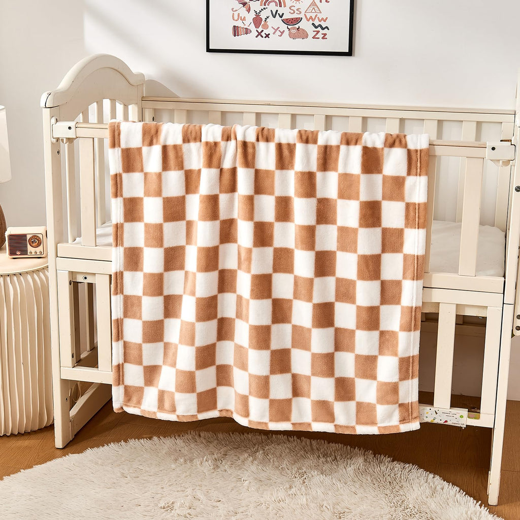 Yurhap Checkered Baby Blanket Fleece Baby Blankets Neutral for Boys Girls, Super Soft Warm Lightweight Infant Toddler Newborn Receiving Blankets for Crib Stroller, 30''x40'', Khaki