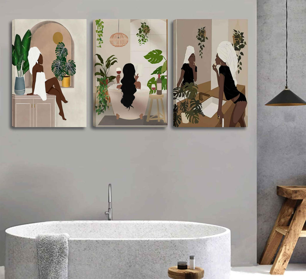 WSTUKVV 3Pcs Black Girl Bathroom Wall Art Boho Black Woman Posters Pictures African American Canvas Prints Fashion Abstract Paintings For Bathroom Home Bedroom Living Room Wall Decor Frame