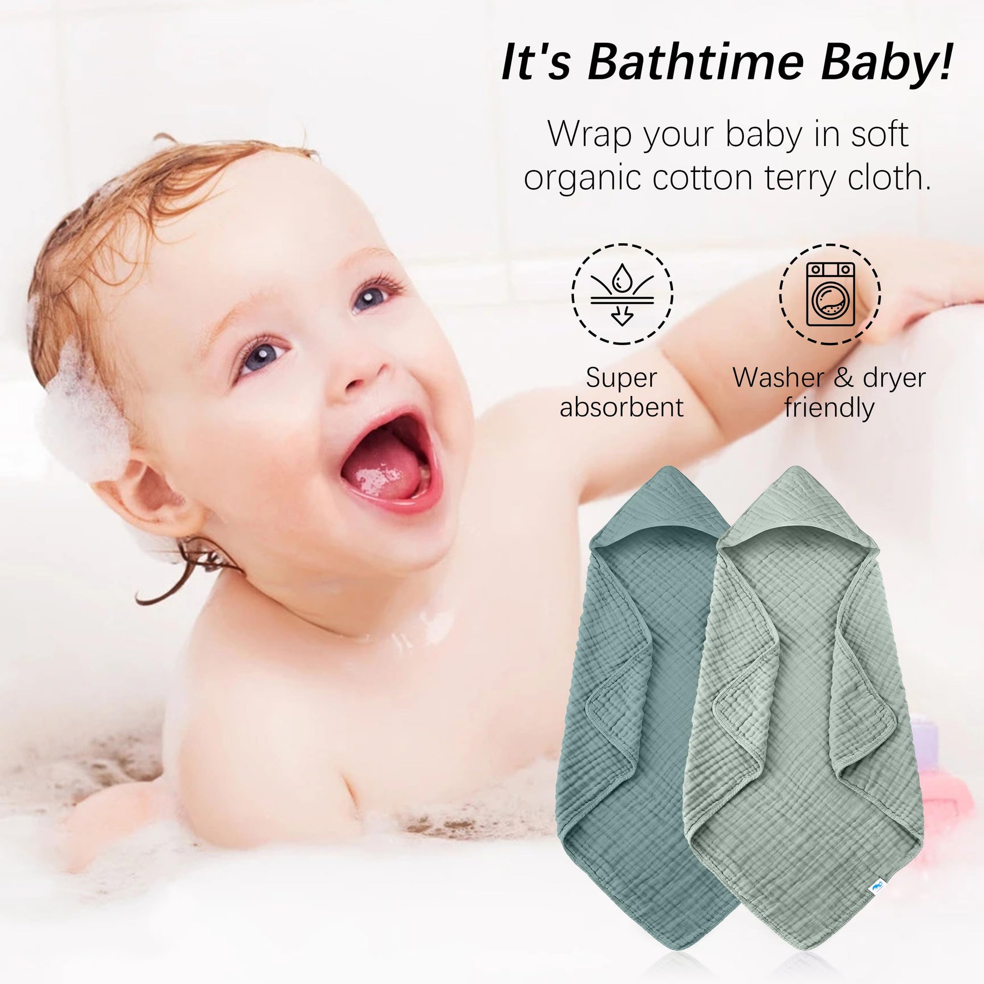 SWEET DOLPHIN Muslin Hooded Baby Bath Towels - 2 Pack 100% Cotton Towel for Babies, Infants, Toddlers - 32x32Inch - Highly Absorbent and Newborn Essential, Light Bean Paste