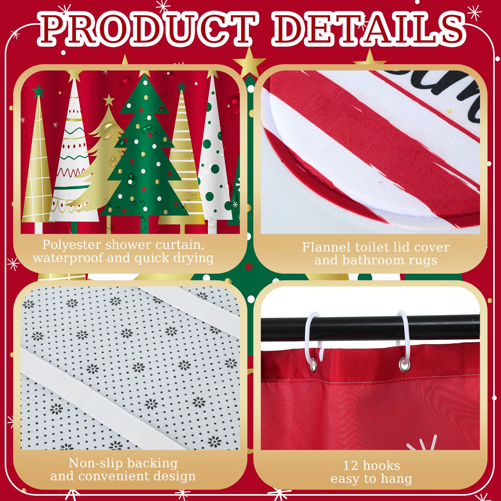 Honoson 8 Pcs Christmas Black Santa Claus Shower Curtain Set with Rugs and Kitchen Towels African American Retro Christmas Bathroom Decor Black Santa Curtain Decorations Xmas Farmhouse Gifts