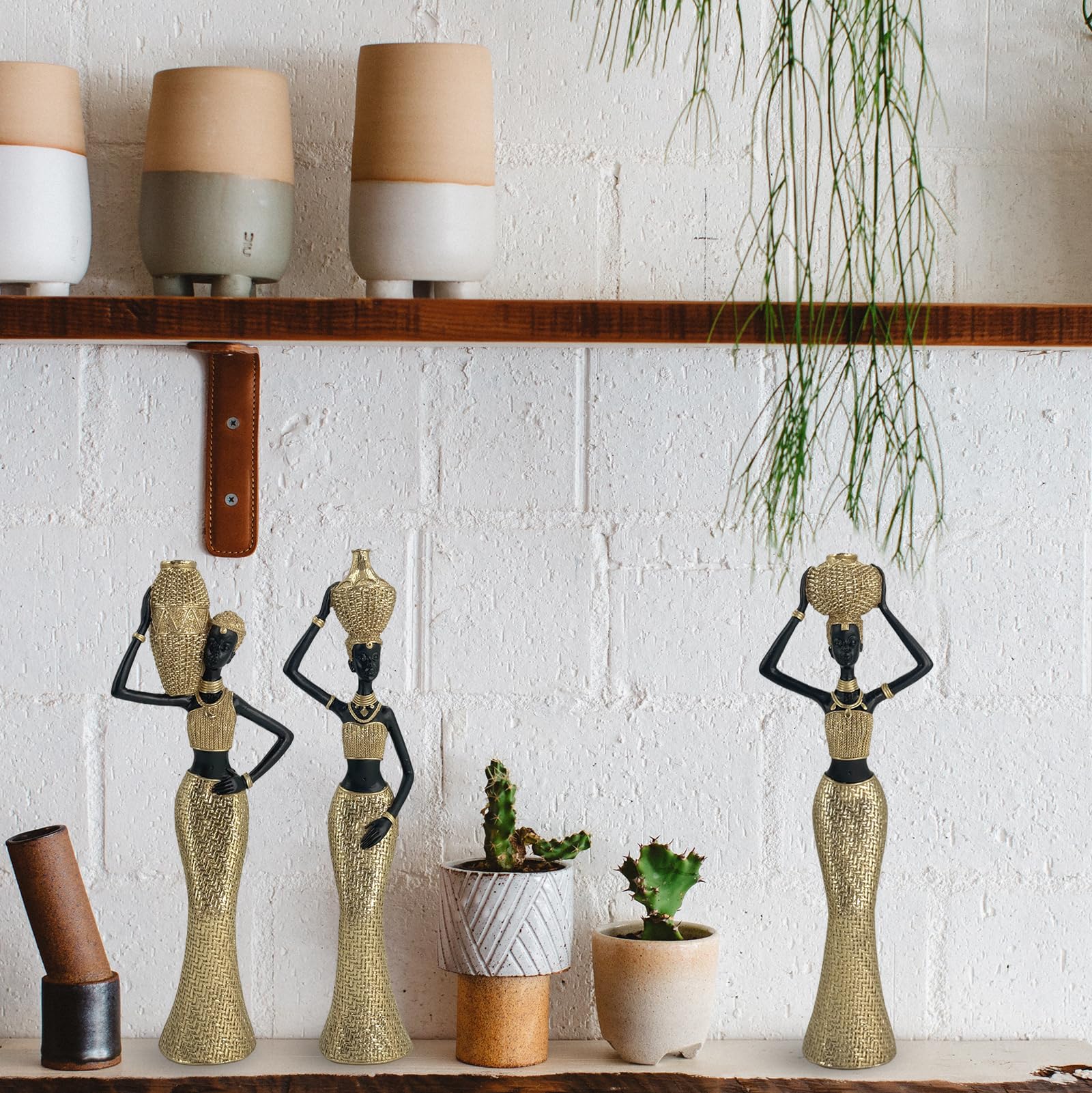 Set of 3 Resin African Woman Statues – Elegant Tribal Figurines in Gold Dresses, Afrocentric Home Decor Sculptures for Living Room, Bookshelf, Gift