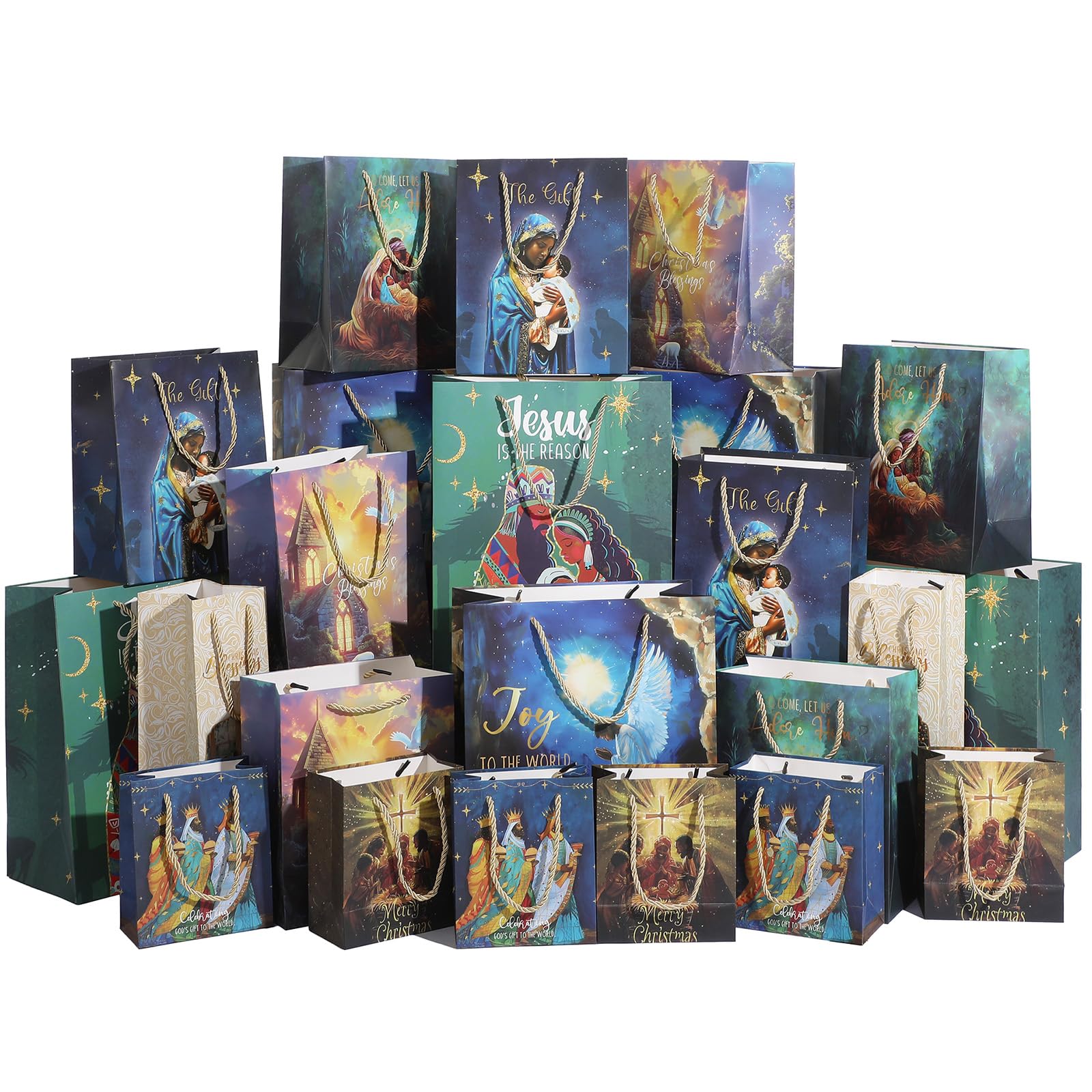 Kolldenn 24 Pack African American Religious Christmas Gift Bags Assorted Size Black Jesus Nativity Scene Paper Goodie Treat Wrapping Bags with Handle for Xmas Holiday Party Favors