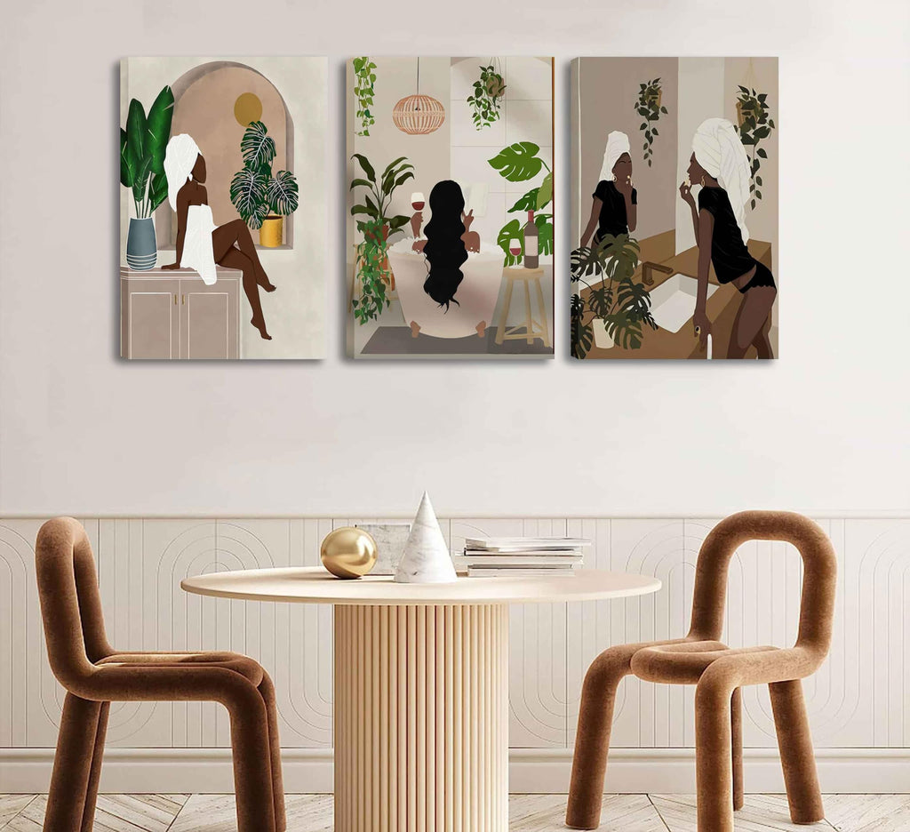 WSTUKVV 3Pcs Black Girl Bathroom Wall Art Boho Black Woman Posters Pictures African American Canvas Prints Fashion Abstract Paintings For Bathroom Home Bedroom Living Room Wall Decor Frame