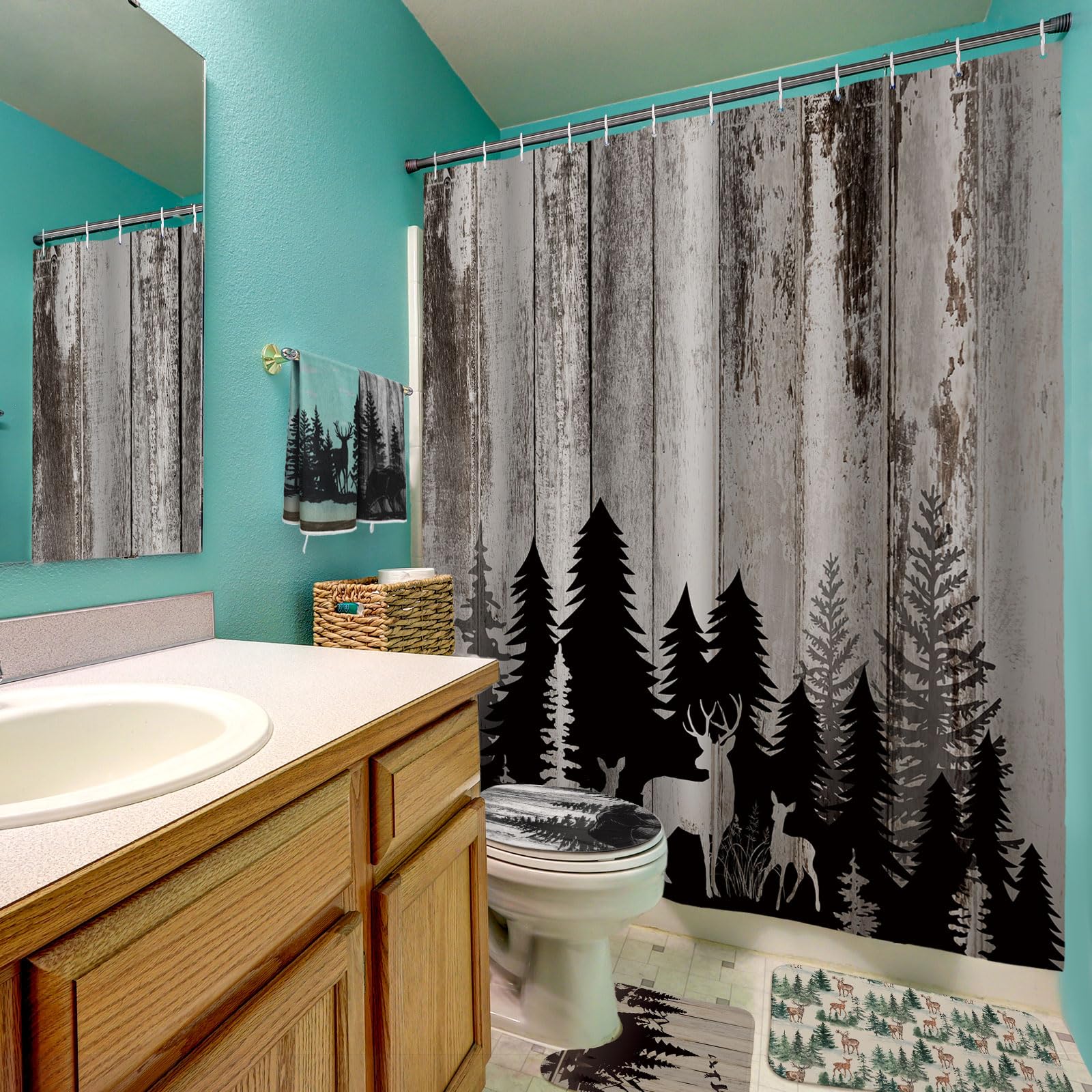 Honoson 8 Pcs Christmas Black Santa Claus Shower Curtain Set with Rugs and Kitchen Towels African American Retro Christmas Bathroom Decor Black Santa Curtain Decorations Xmas Farmhouse Gifts