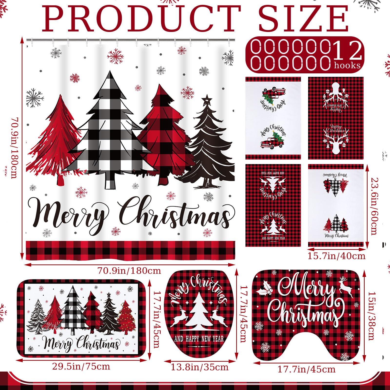 Honoson 8 Pcs Christmas Black Santa Claus Shower Curtain Set with Rugs and Kitchen Towels African American Retro Christmas Bathroom Decor Black Santa Curtain Decorations Xmas Farmhouse Gifts