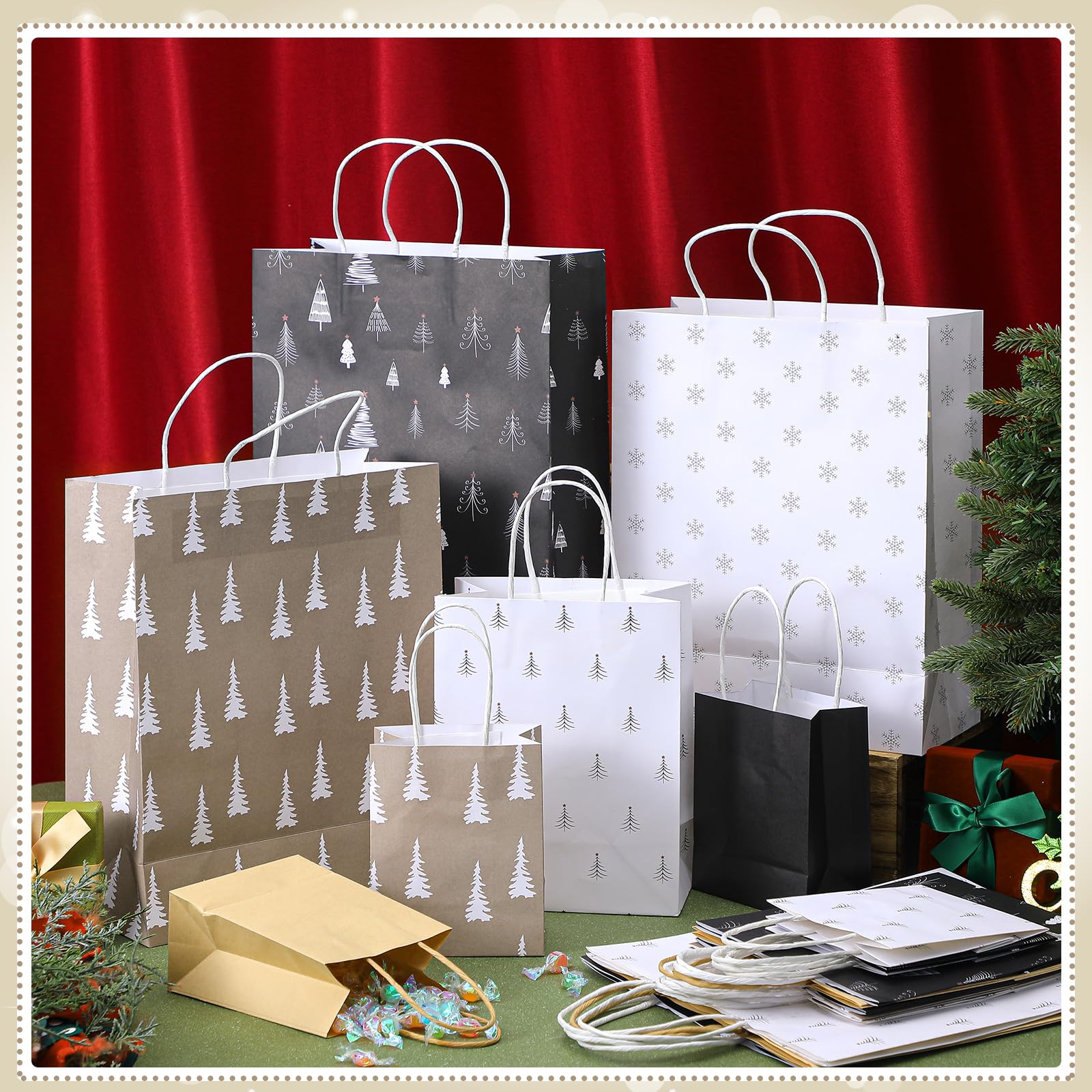 Trandraft 18 Pcs African American Christmas Kraft Gift Bags with Handles Assorted Sizes Black Santa Christmas Gift Paper Bags 6 Styles 3 Sizes Xmas for Favors Wrapping