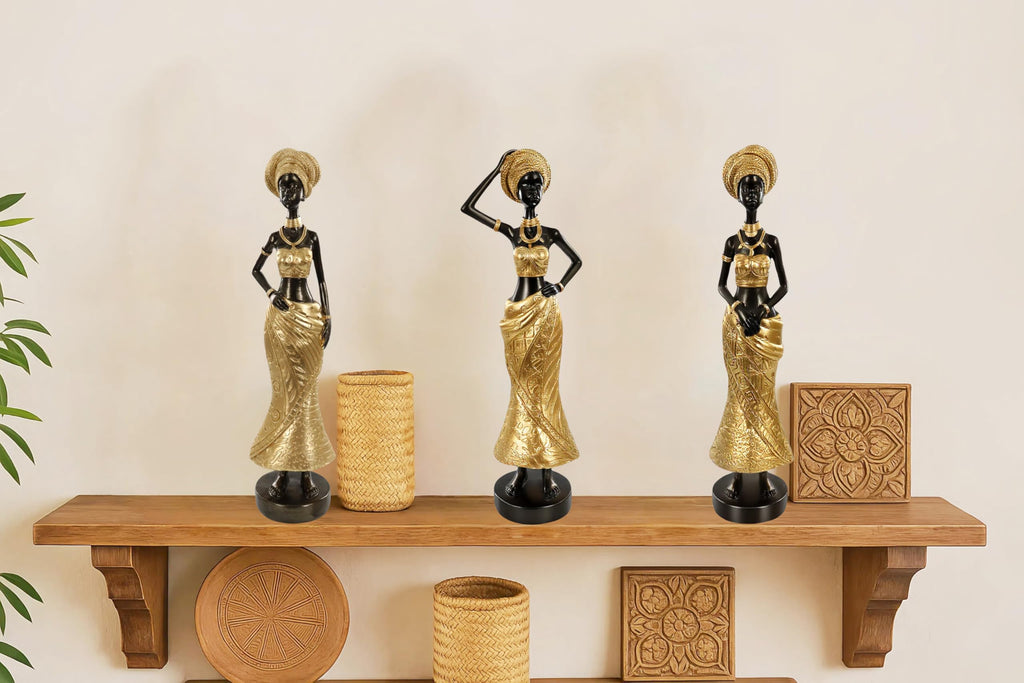 Set of 3 Resin African Woman Statues – Elegant Tribal Figurines in Gold Dresses, Afrocentric Home Decor Sculptures for Living Room, Bookshelf, Gift