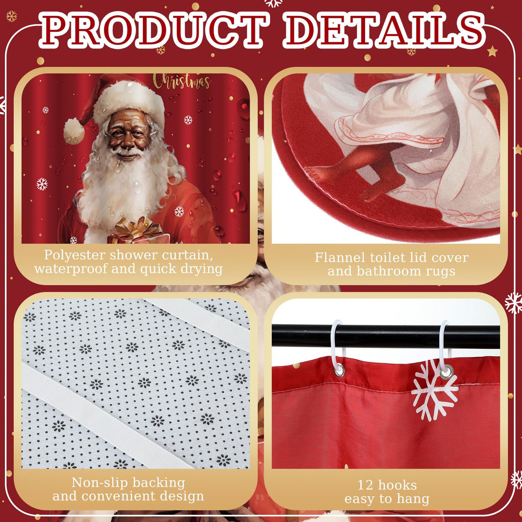 Honoson 8 Pcs Christmas Black Santa Claus Shower Curtain Set with Rugs and Kitchen Towels African American Retro Christmas Bathroom Decor Black Santa Curtain Decorations Xmas Farmhouse Gifts
