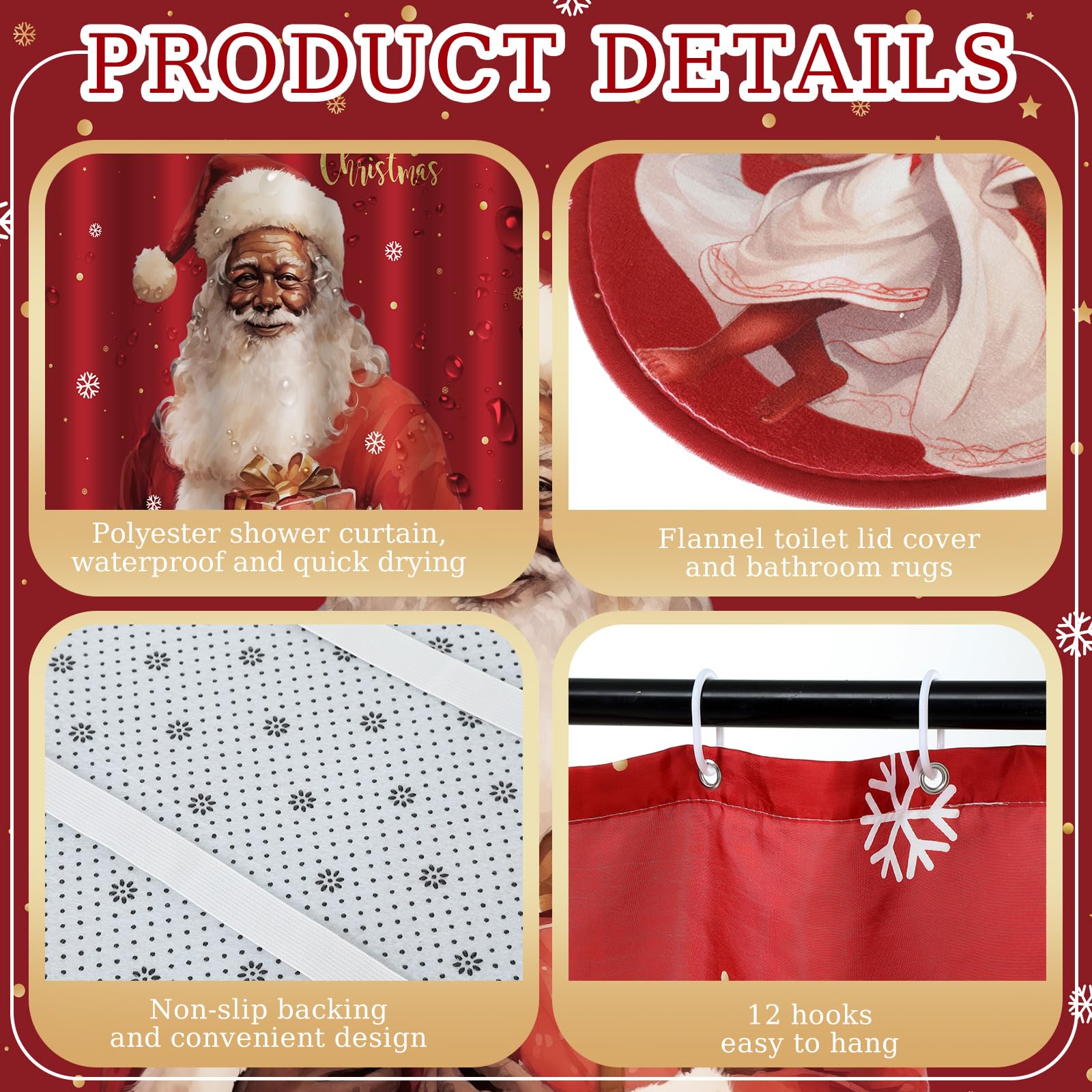 Honoson 8 Pcs Christmas Black Santa Claus Shower Curtain Set with Rugs and Kitchen Towels African American Retro Christmas Bathroom Decor Black Santa Curtain Decorations Xmas Farmhouse Gifts