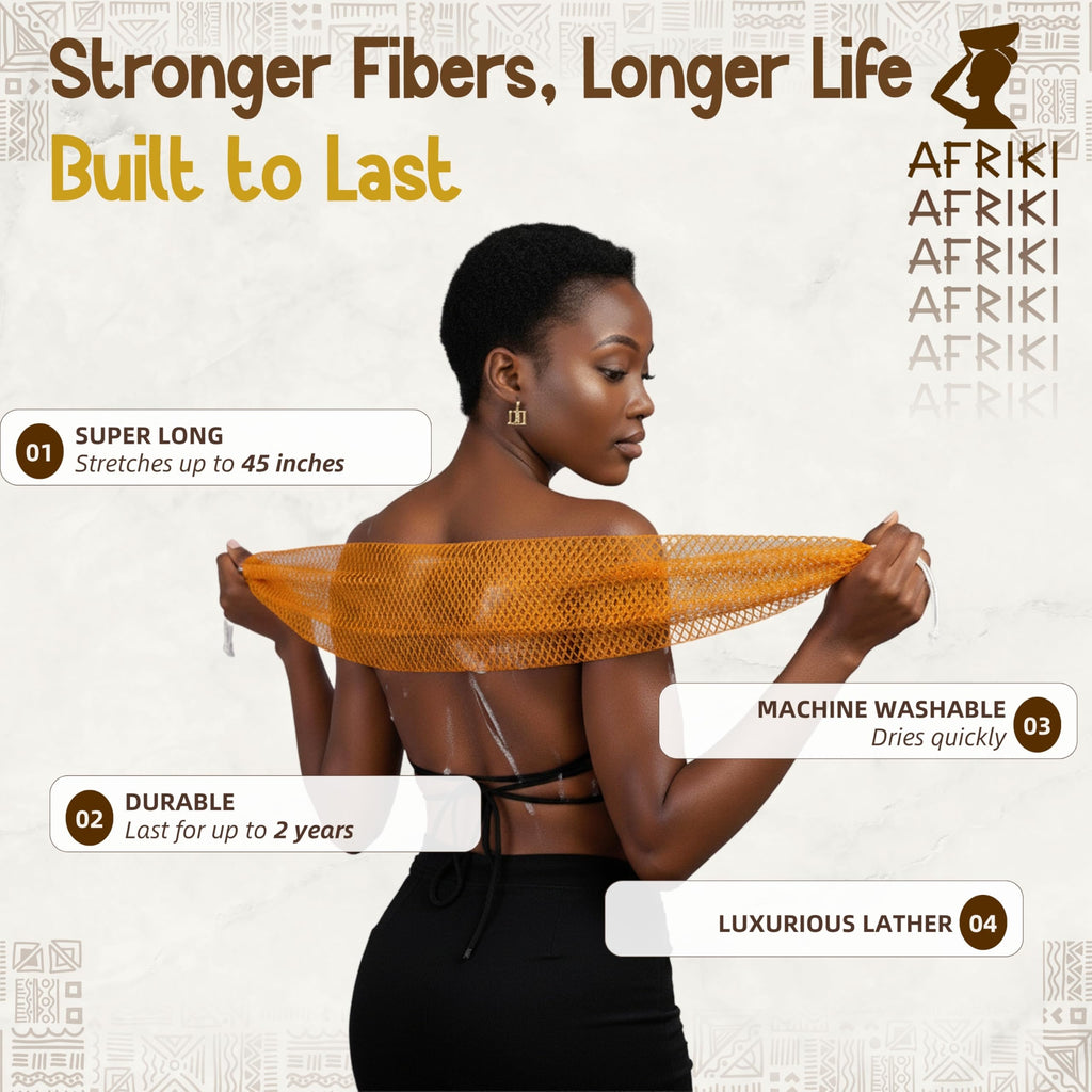AFRIKI African Net Sponge – Exfoliating Body Scrubber, Black Owned & Rooted in Africa, All Skin Types | 45 in Long
