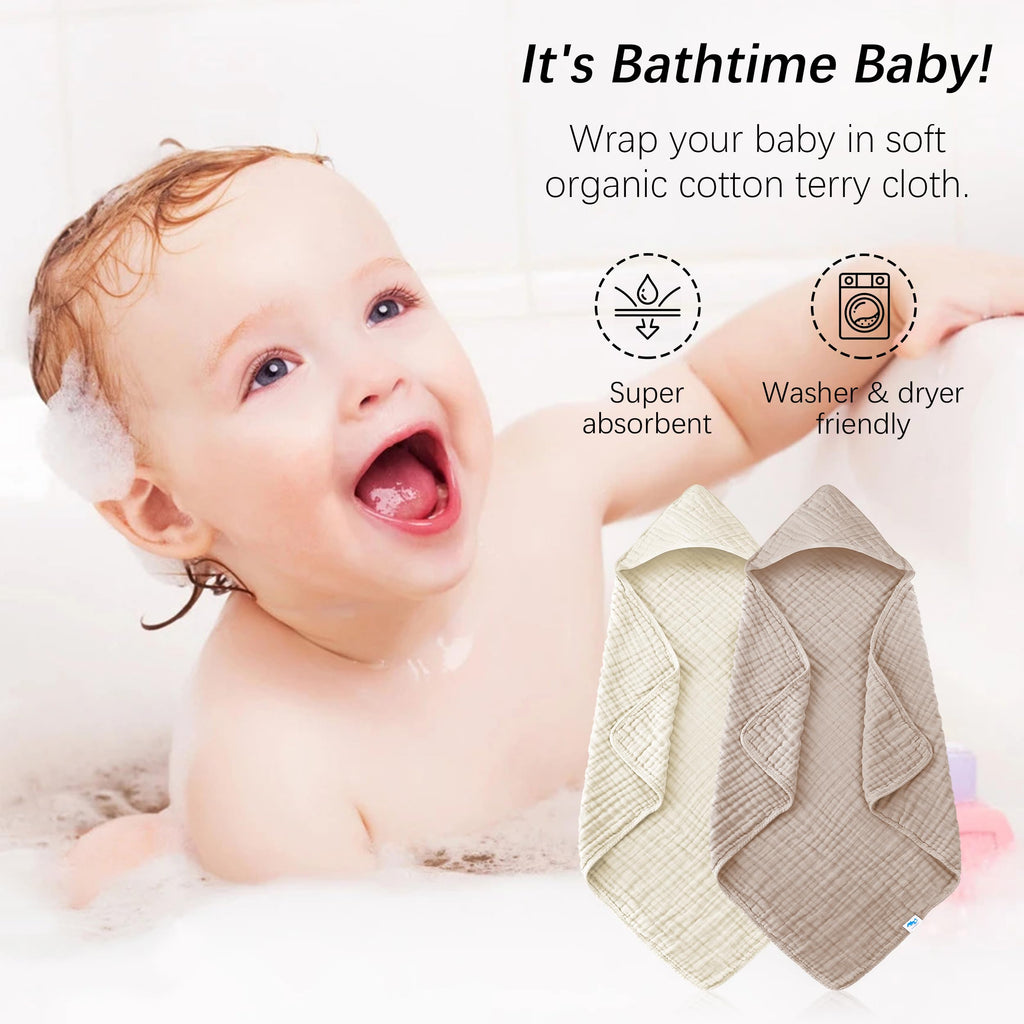 SWEET DOLPHIN Muslin Hooded Baby Bath Towels - 2 Pack 100% Cotton Towel for Babies, Infants, Toddlers - 32x32Inch - Highly Absorbent and Newborn Essential, Light Bean Paste