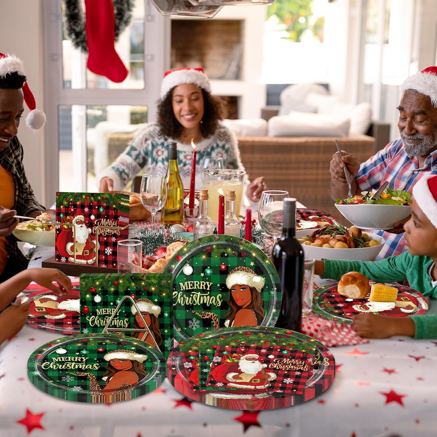 GREHUMOR African American Christmas Decorations 60Pcs Black Santa Claus Plates and Napkins Black Santa Party Tableware Set Santa Disposable Plates Merry Christmas Party Supplies Serves 20