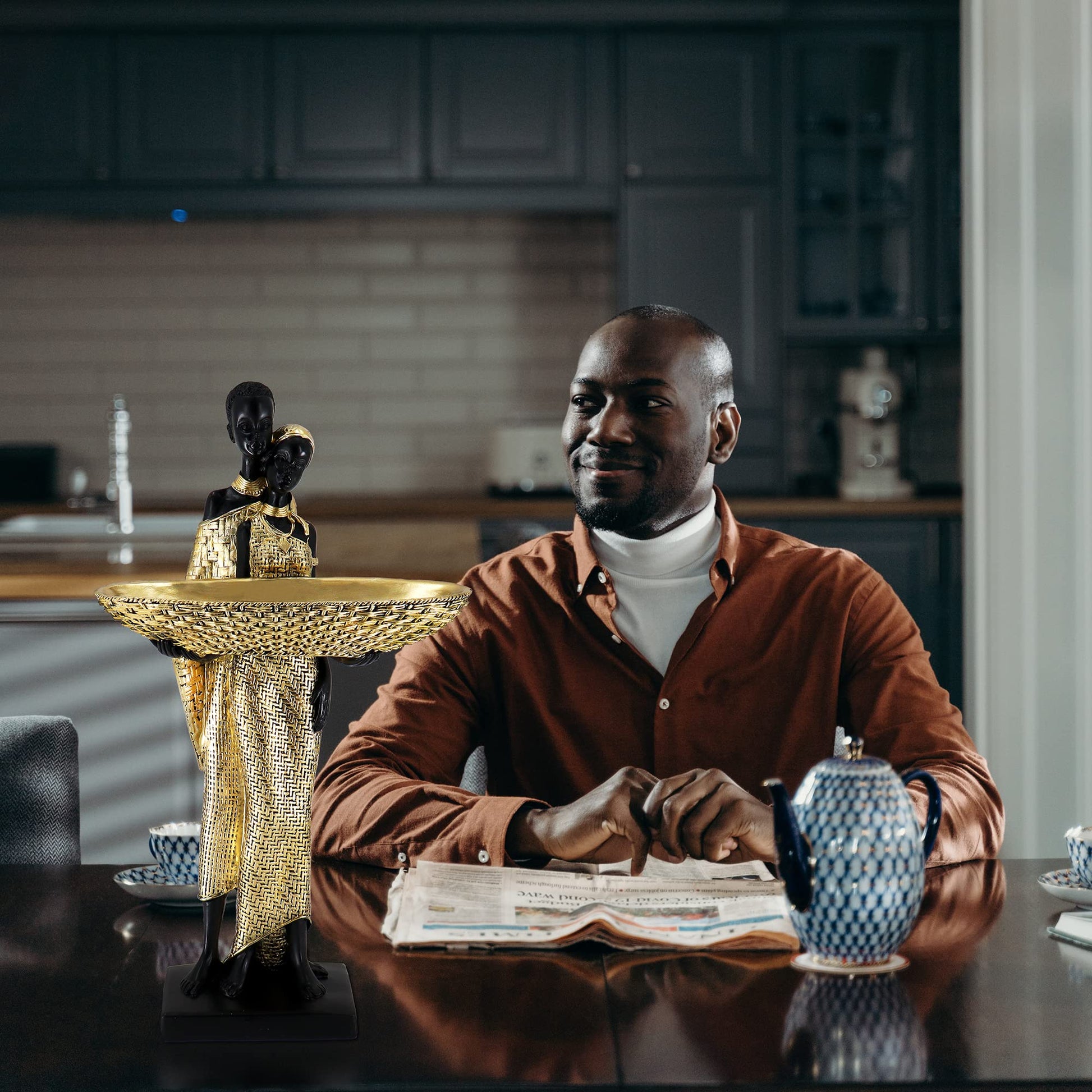 Handmade African Tribal Woman Sculpture - Gold Adorned Seated Figure with Basket, Vintage Resin Statue for Home Decor, Unique Housewarming Gift for Shelf/Table (9.65" H)