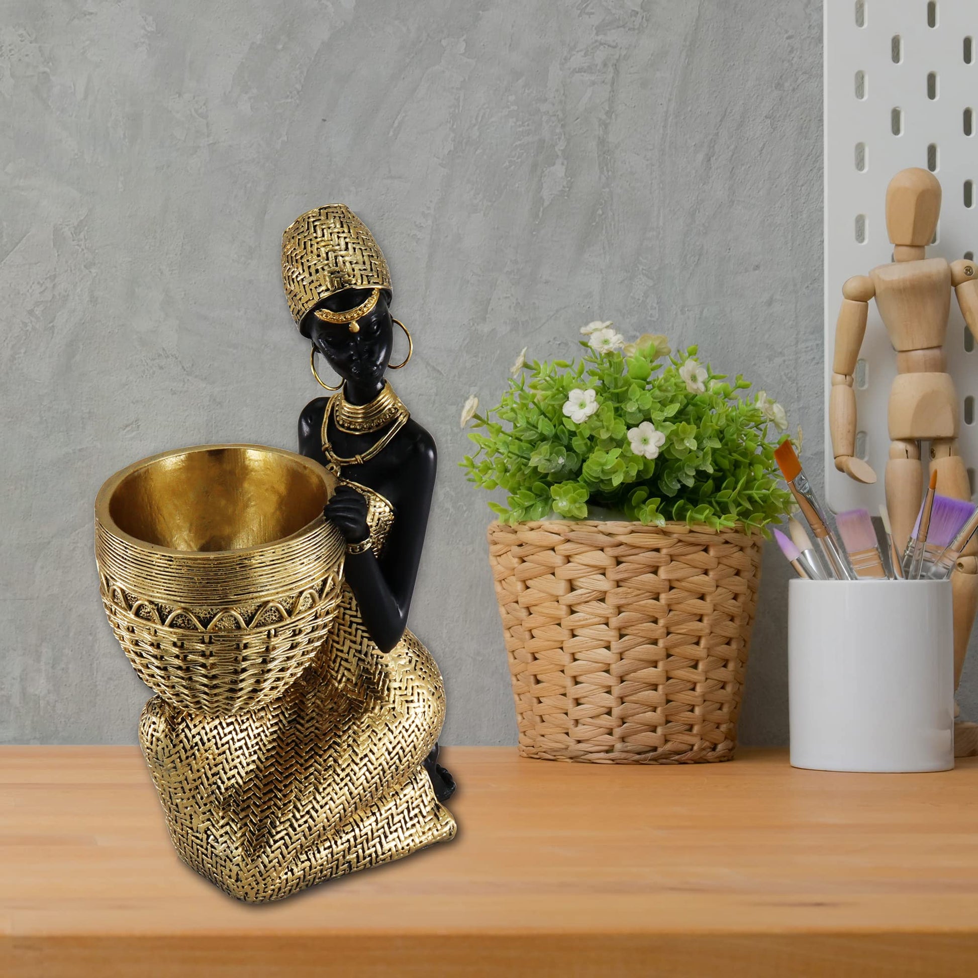 Handmade African Tribal Woman Sculpture - Gold Adorned Seated Figure with Basket, Vintage Resin Statue for Home Decor, Unique Housewarming Gift for Shelf/Table (9.65" H)