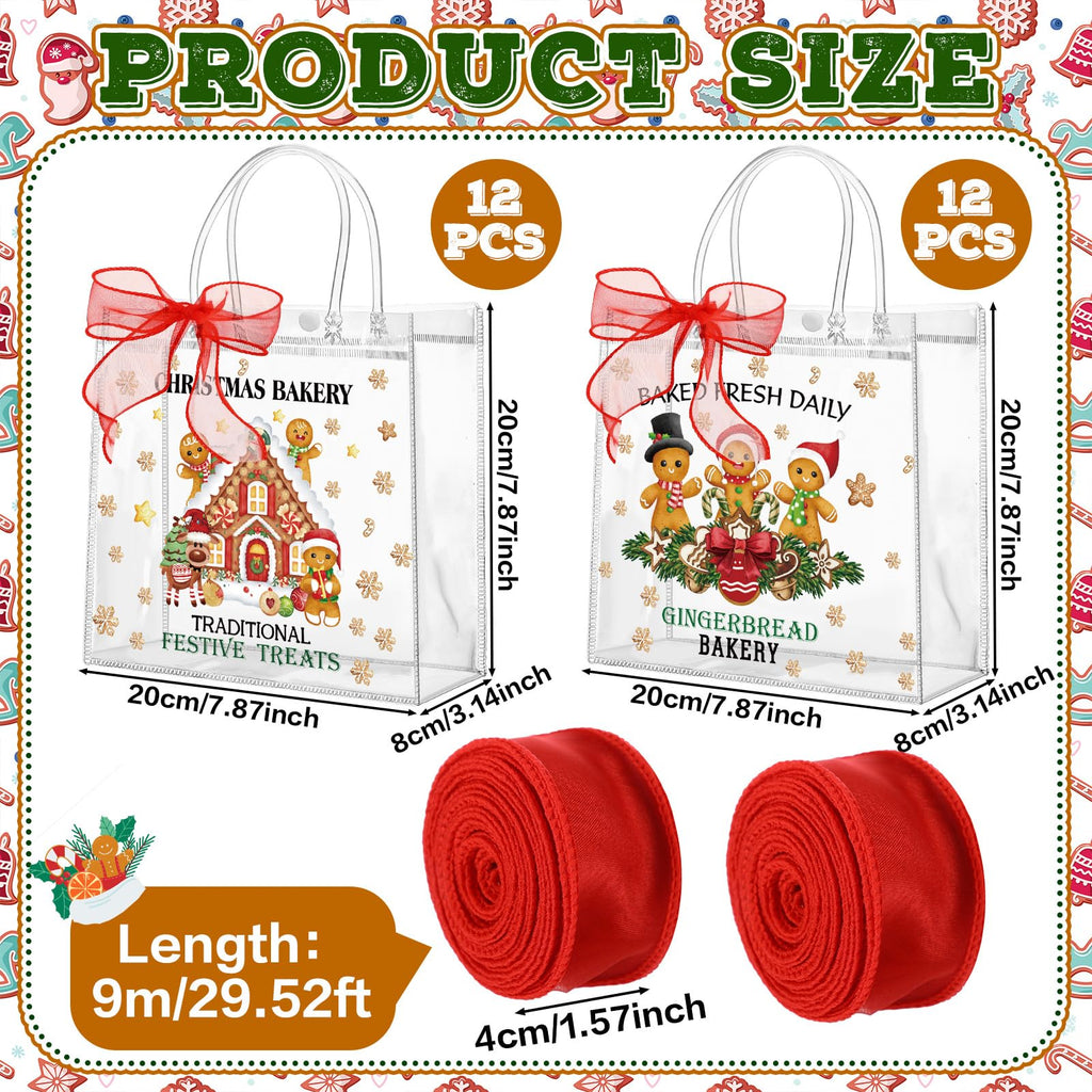 Motipuns 24 Pcs Christmas Clear PVC Gift Bags with Handles and Ribbon African American Black Santa Claus Party Favor Reusable Plastic Candy Treat Tote Bags for Merry New year Xmas Birthday Supplies