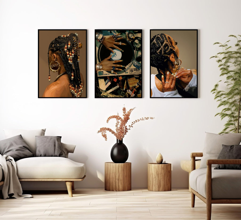 3Pcs Black Woman Canvas Wall art Boho Fashion Black Girl Painting Picture Wall Decor Abstract African American Poster Print Artwork for Living Room Bedroom Office Home Decoration,16x24in Canvas
