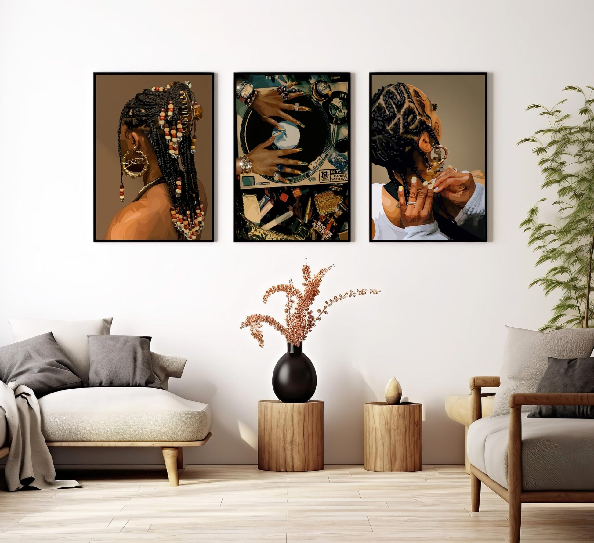 3Pcs Black Woman Canvas Wall art Boho Fashion Black Girl Painting Picture Wall Decor Abstract African American Poster Print Artwork for Living Room Bedroom Office Home Decoration,16x24in Canvas