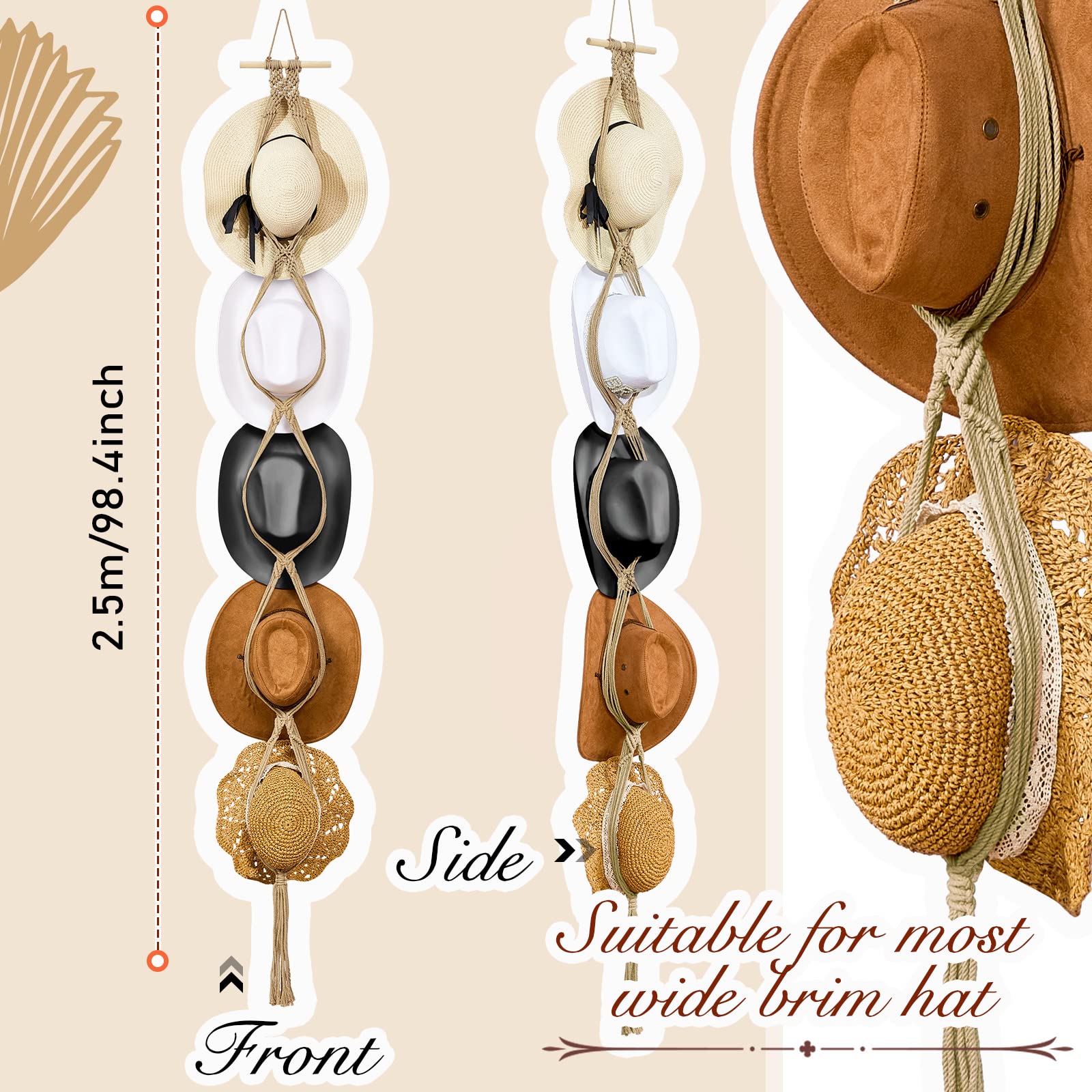 Yulejo Macrame Hat Hangers Boho Hat Rack for Wall Western Cowboy Hanging Organizer for Door Wall Room Bedroom