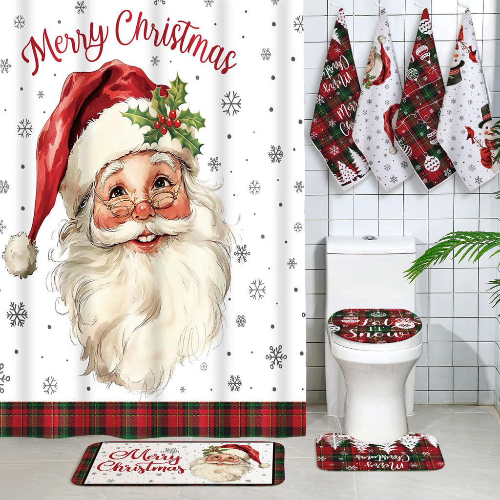 Honoson 8 Pcs Christmas Black Santa Claus Shower Curtain Set with Rugs and Kitchen Towels African American Retro Christmas Bathroom Decor Black Santa Curtain Decorations Xmas Farmhouse Gifts