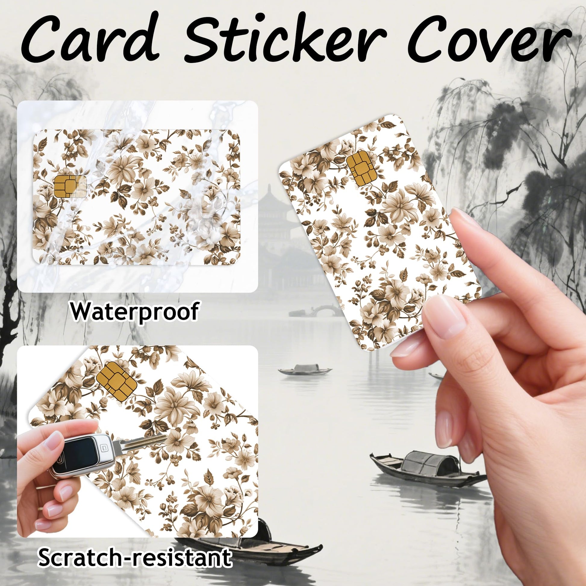 Credit Card Skin Stickers: 4PCS Scenic Mountain Debit Card Skins, Chinoiserie Landscape Cards Covers with Chip Cutout, Waterproof Removable Sticker Wraps for Bank Transportation Key Cards
