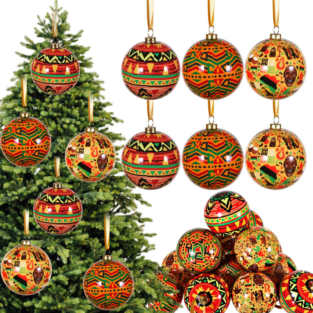 18 Pack Kente African Black Christmas Tree Balls Ornaments 2.76in Hanging Kwanzaa Ball Decorations Set Traditional African Print for Christmas Tree Kwanzaa Decor