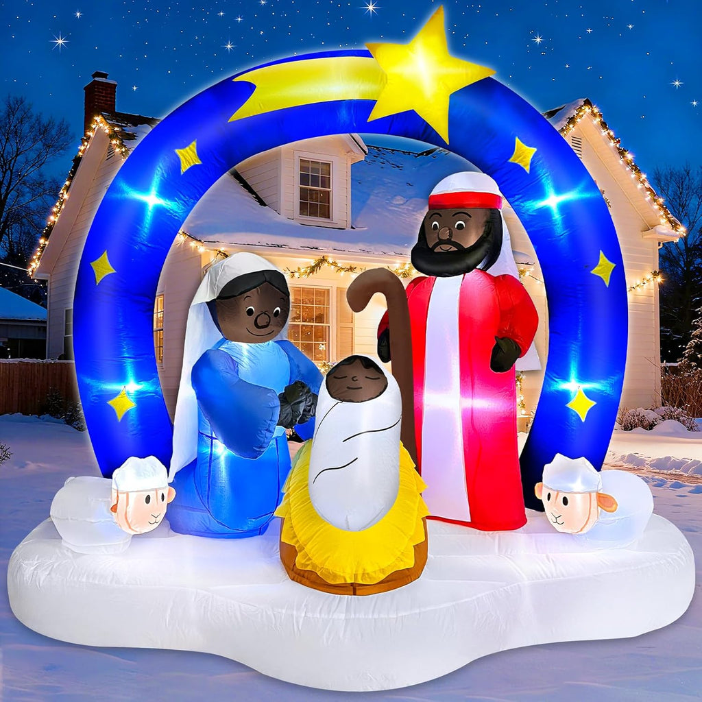 7 FT Long 6 Ft Tall African American Christmas Inflatable Black Nativity Set Built-in LED Lights The Birth of Jesus Scene with Star of Bethlehem Archway Blow up for Yard Garden Xmas Holiday Decor