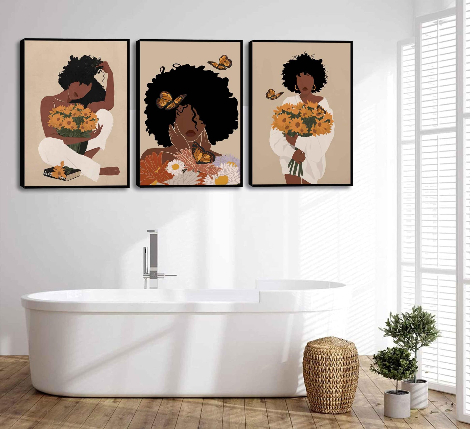 WSTUKVV 3Pcs Black Girl Bathroom Wall Art Boho Black Woman Posters Pictures African American Canvas Prints Fashion Abstract Paintings For Bathroom Home Bedroom Living Room Wall Decor Frame
